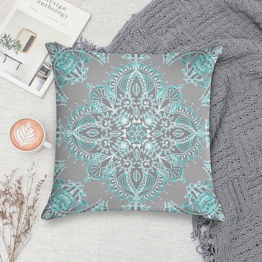 Teal And Aqua Lace Mandala on Grey Soft Skin-Friendly Throw Pillow