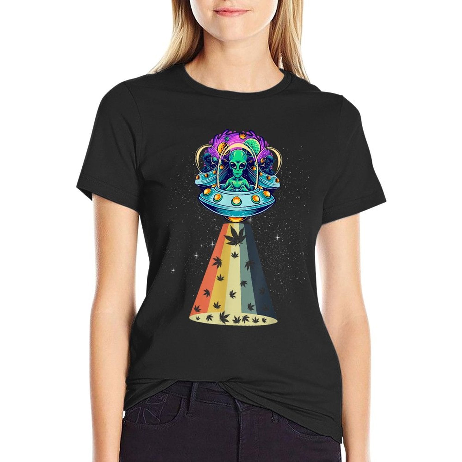 Vintage Alien Weed Pot Leaf UFO Abduction Marijuana  Summer-ready Fabric T-Shirt