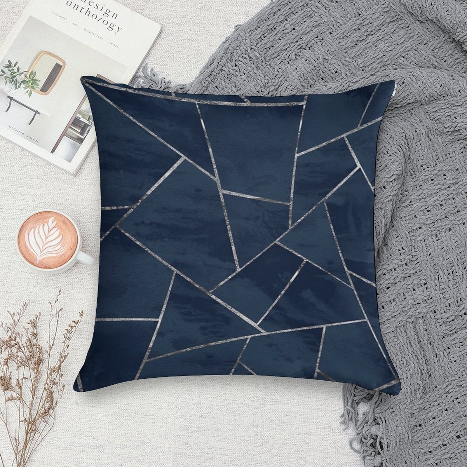 Midnight Navy Blue Ink Silver Geometric Glam #1 #geo #decor #art Soft Luxury Feel Throw Pillow