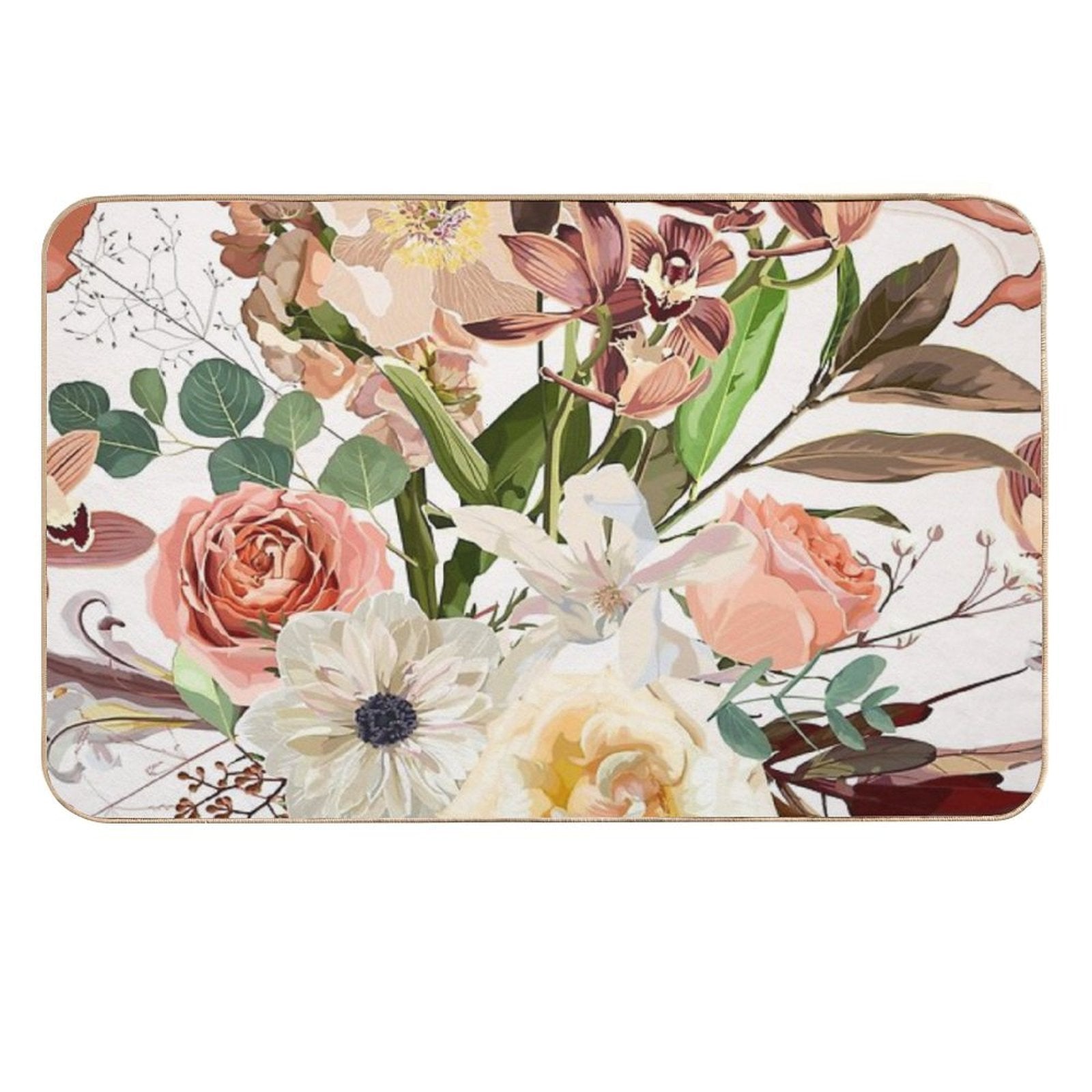Detailed Hand Drawn Flowers - Blooming Magnolia, Roses, Eucalyptus And Herbs.  Stain-Proof Bath Mat