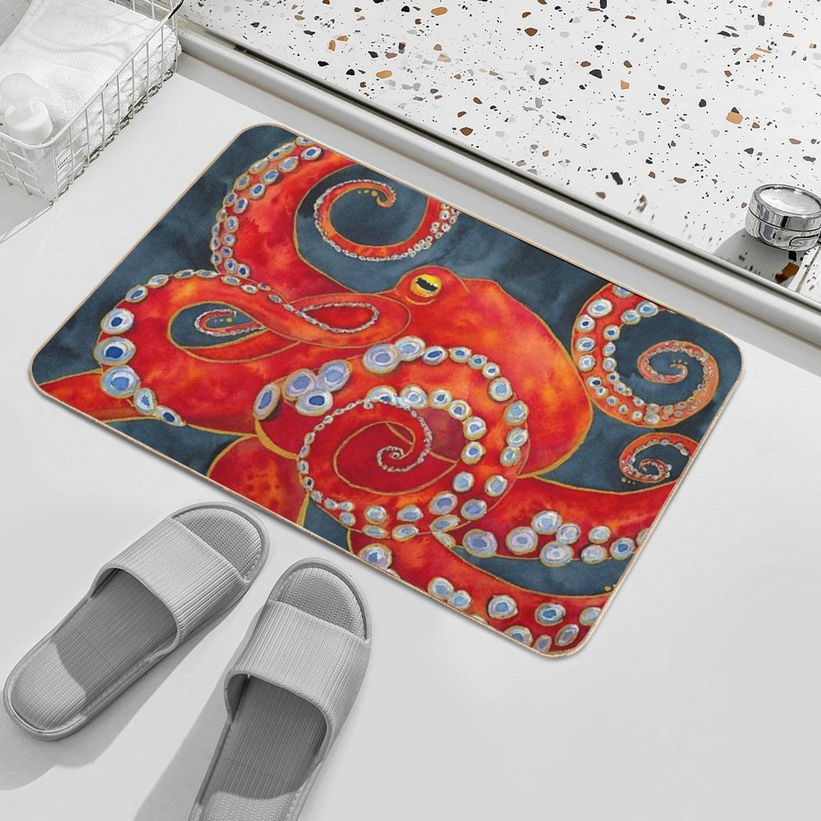 Red Watercolor Octopus  Easy Maintenance Bath Mat