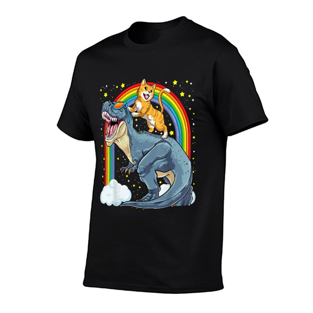 Cat Riding Dinosaur T-Rex Kitten Rainbow Dino Funny  Ribbed Collar T-Shirt