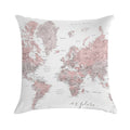 Explore - Dusty Pink And Grey Watercolor World Map, Detailed Soft Fade-Resistant Throw Pillow