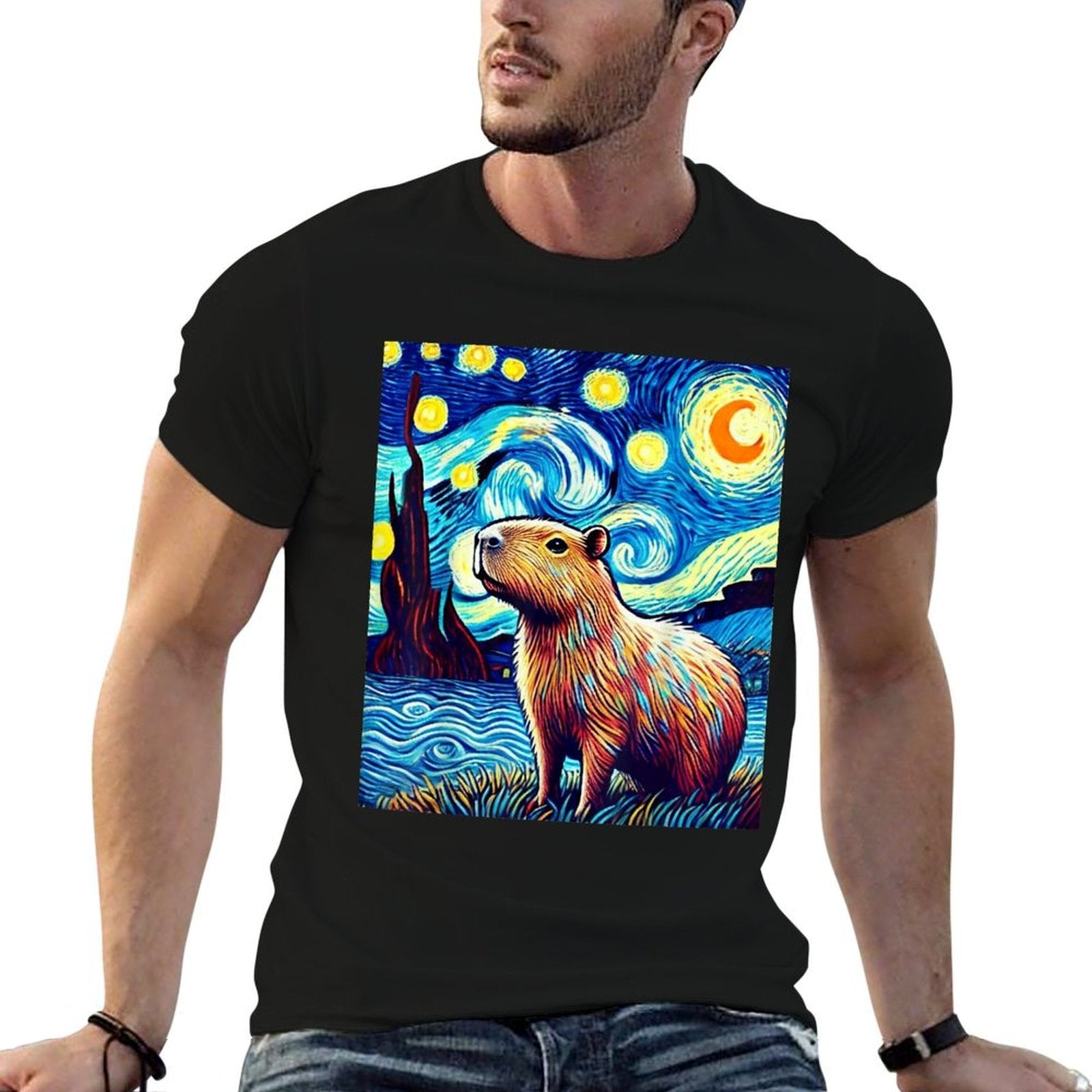 Capybara Van Gogh Style Starry Night Light Graphic Weird  Breathable T-Shirt