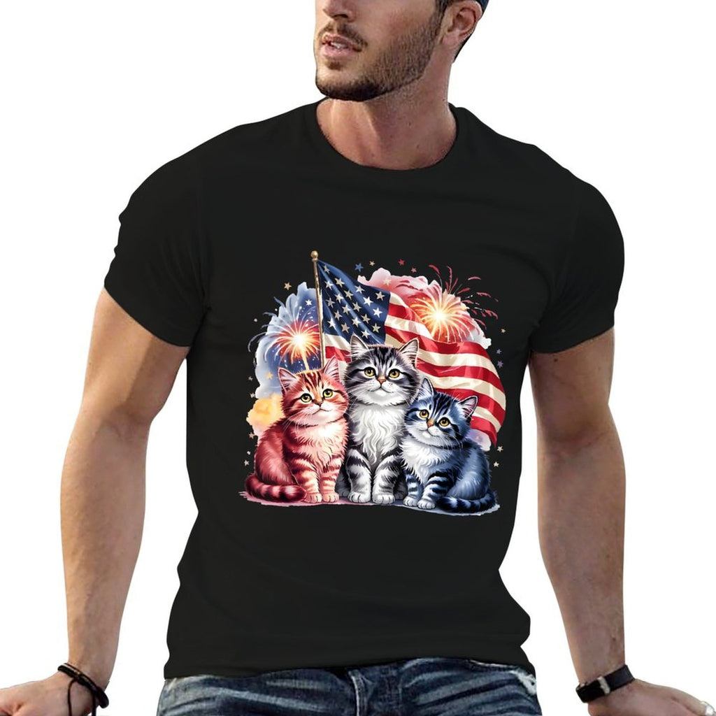Cat Patriotic America Cats USA Fireworks 4th Of July  Summer-ready Fabric T-Shirt