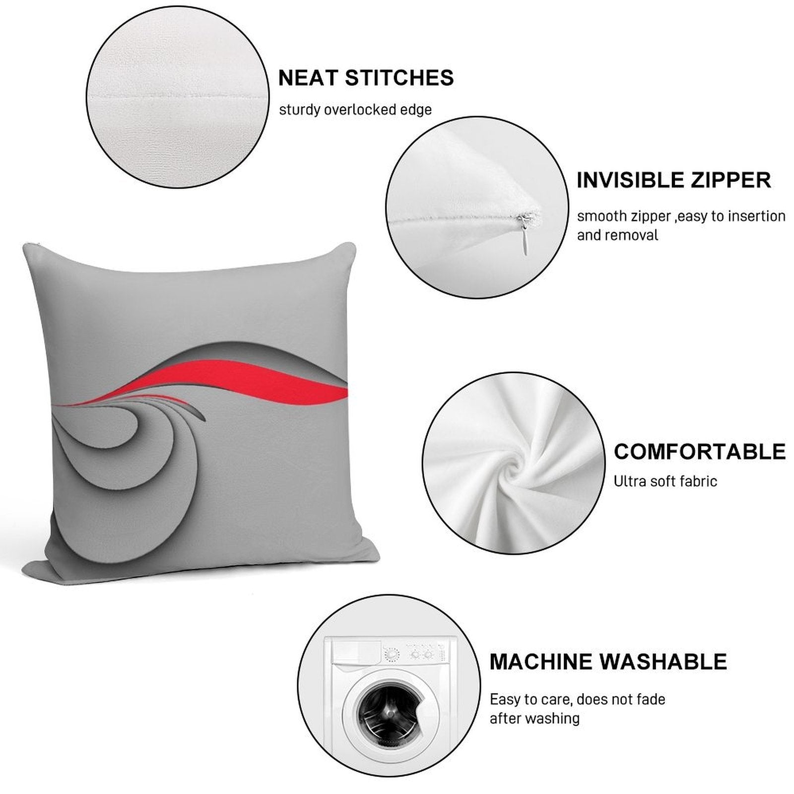 Grey And Red Soft Washable Throw Pillow