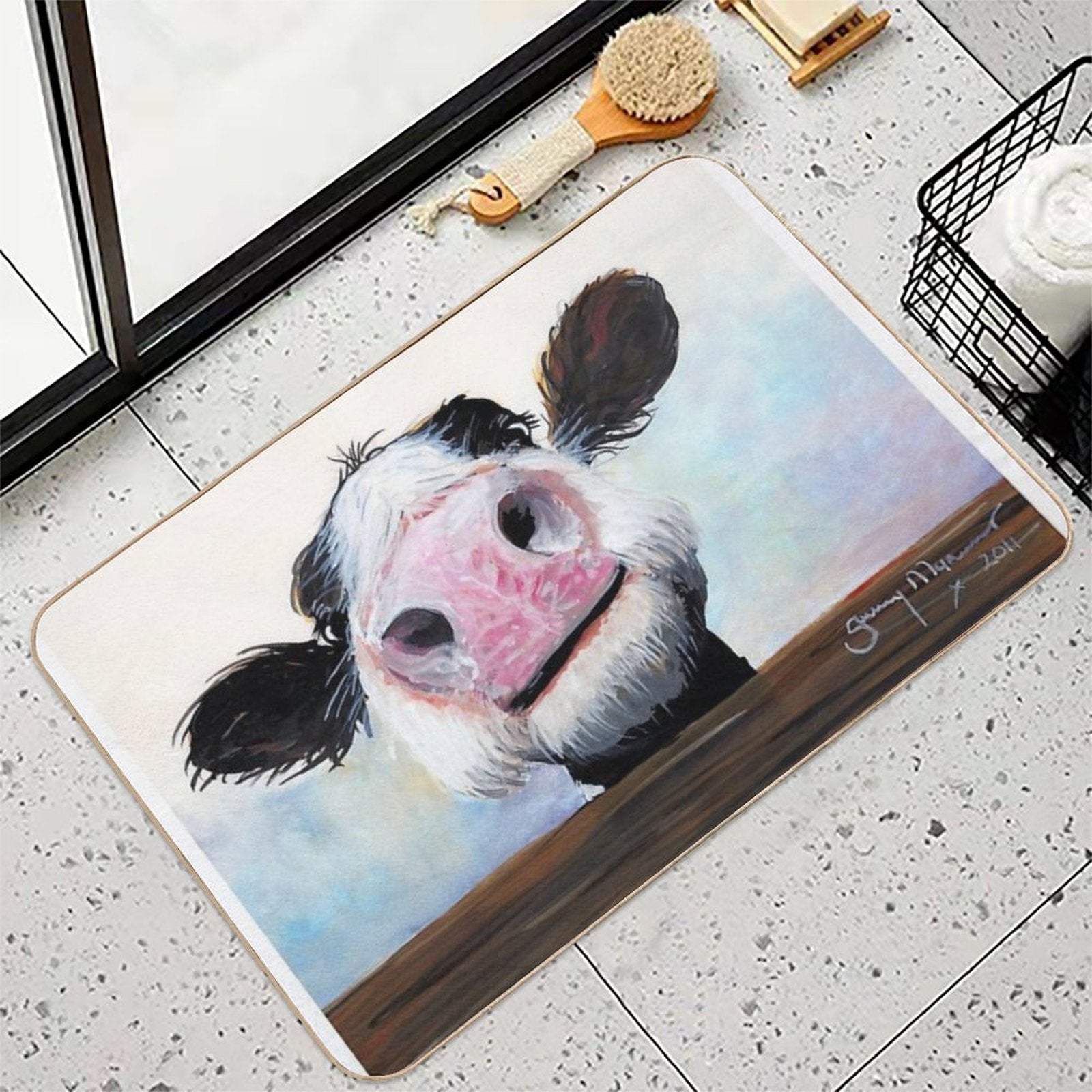 NOSEY COW 'HEY! HOW'S IT GOIN'' BY SHIRLEY MACARTHUR  Easy To Clean Bath Mat