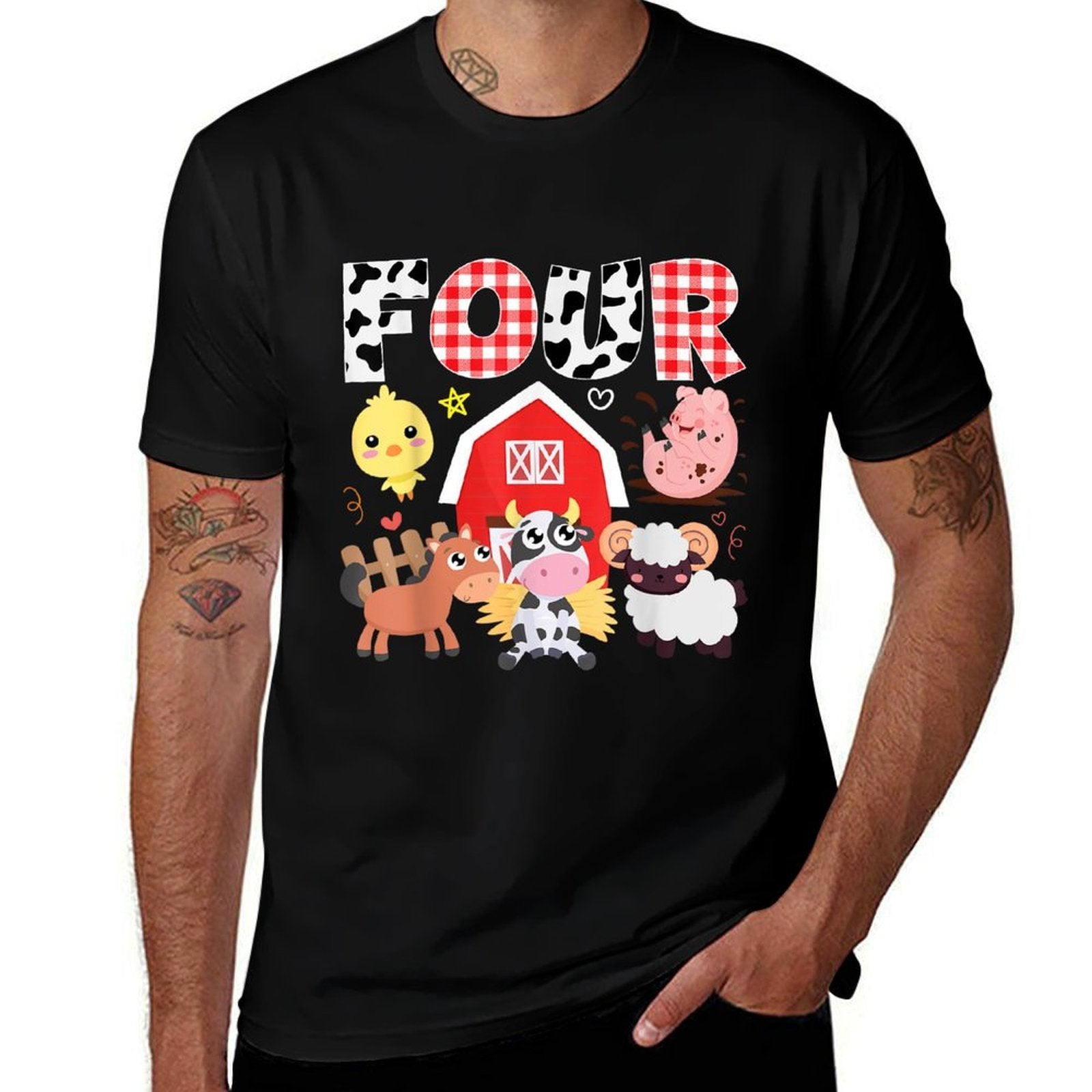 4th Birthday Four Year Old Farm Theme Animals Birthday Party  Rolled Sleeves T-Shirt
