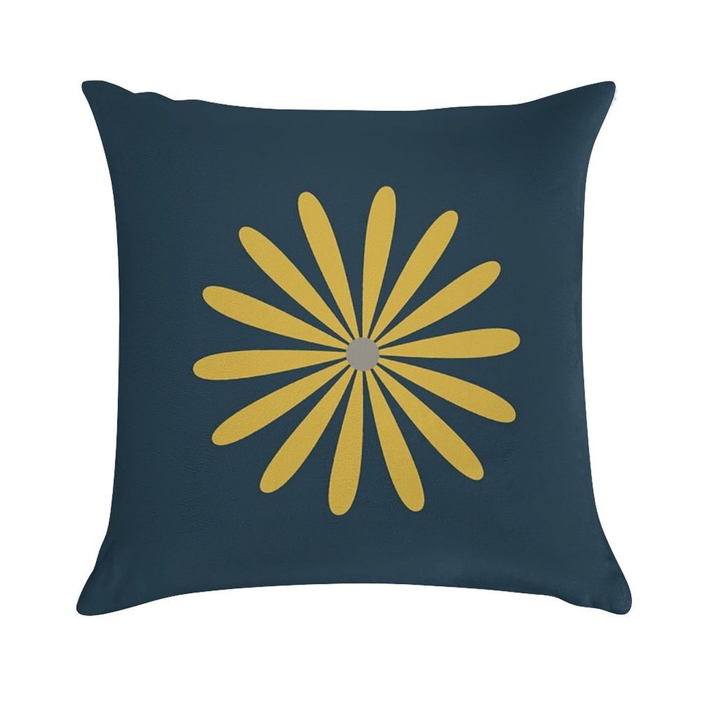 Big Daisy in Light Mustard Yellow And Grey on Navy Blue Minimalist Retro Modern Floral Soft Home Decor Throw Pillow