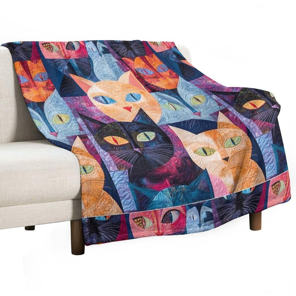 Feline Fiesta Vibrant Quilt Like Design Tee Versatility Throw Blanket