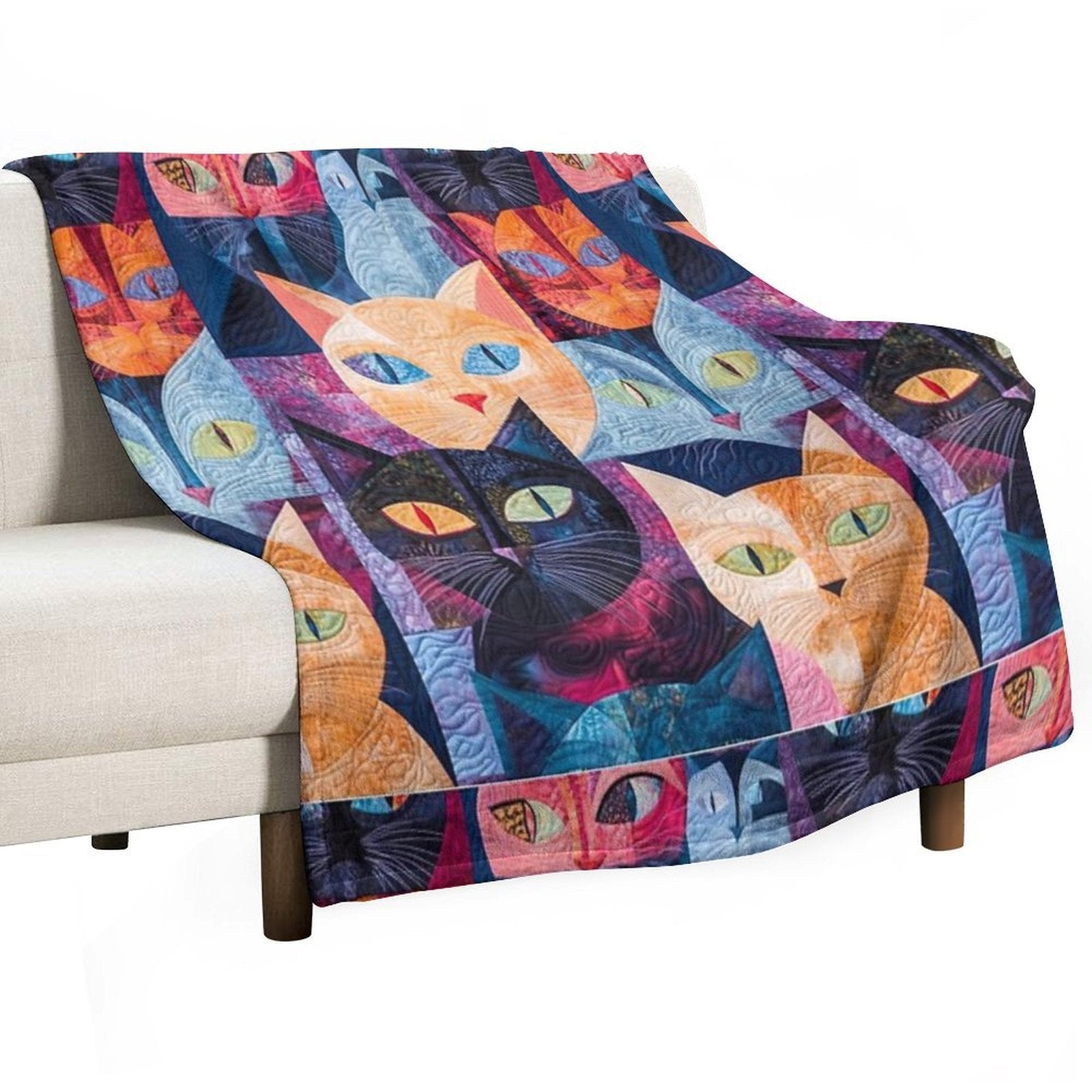 Feline Fiesta Vibrant Quilt Like Design Tee Versatility Throw Blanket