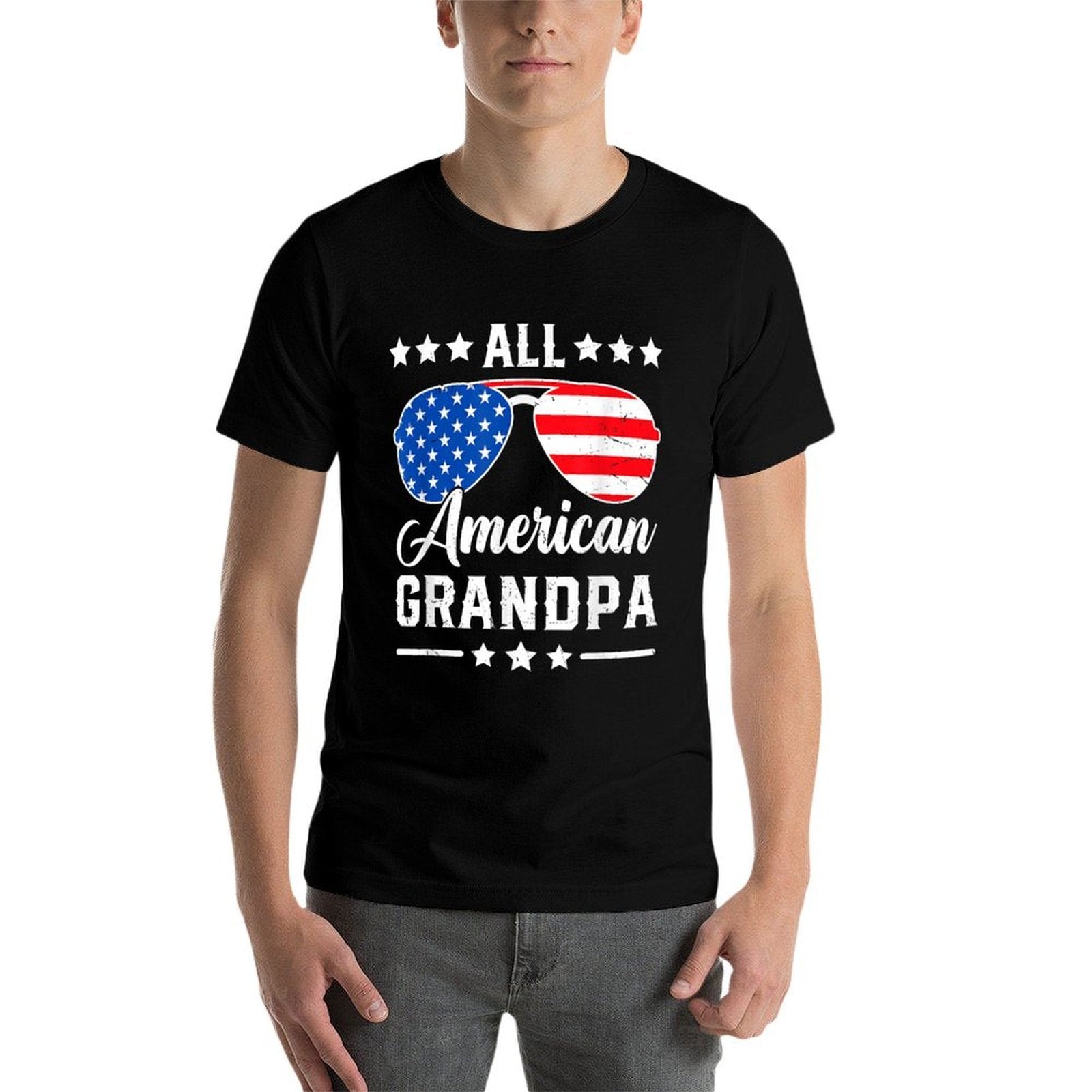 All American Grandpa 4th of July Patriotic USA Matching  Ribbed Collar T-Shirt