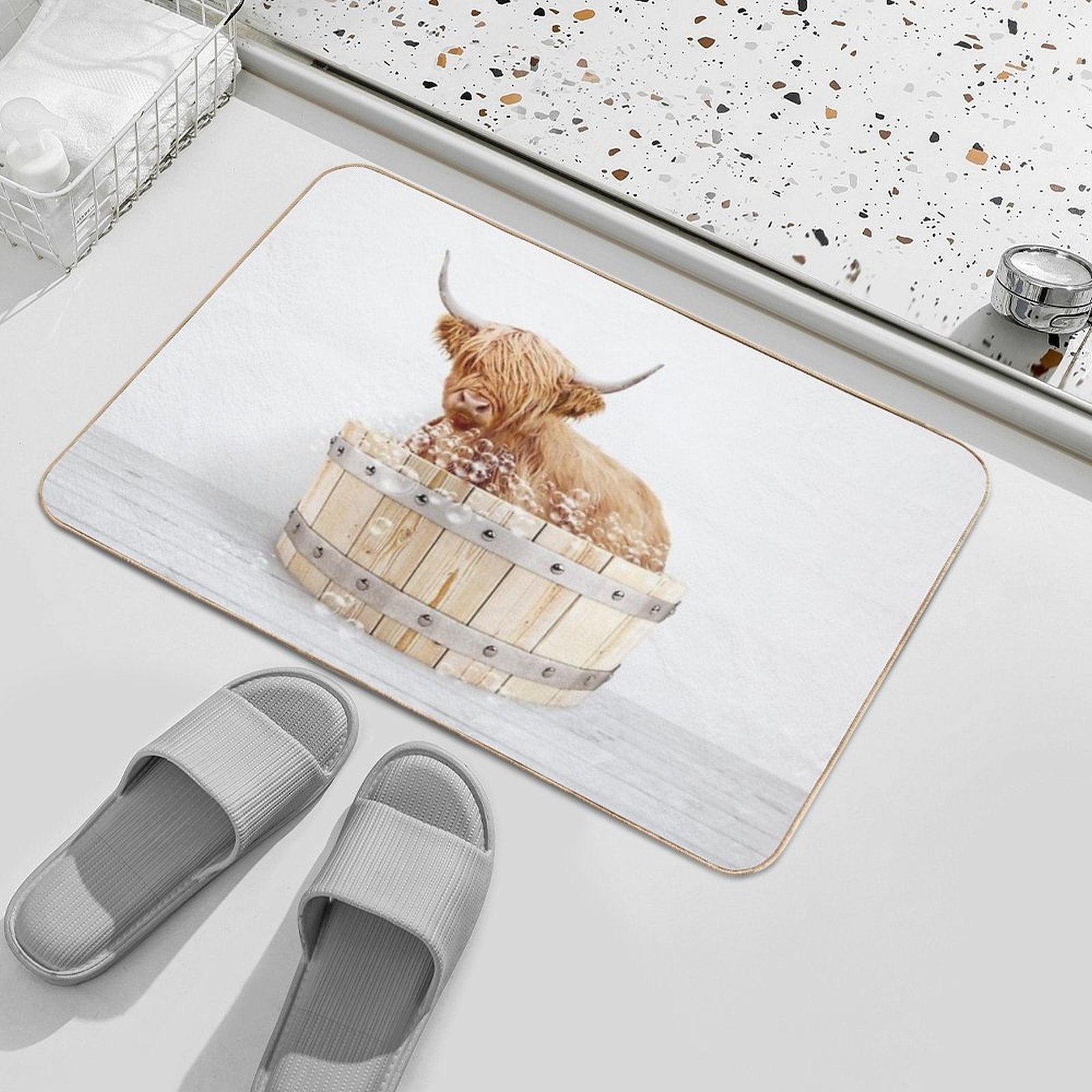 Highland Cow in Wooden Bathtub, Cow Taking A Bath, Cow Bathing, Bathtub Animal Art Print By Synplus  Long-Lasting Bath Mat
