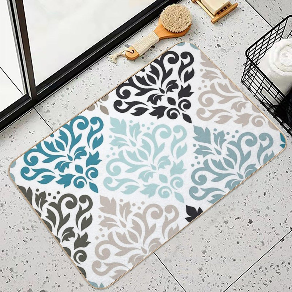 Scroll Damask Pattern Teals Browns White  Anti-Trip Bath Mat