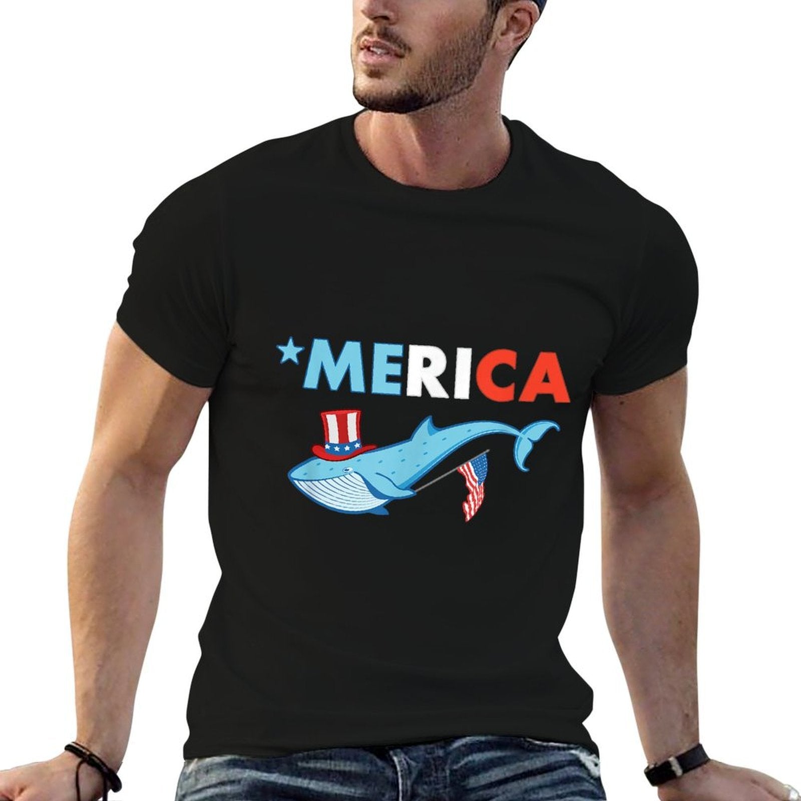 July 4th Whale, Patriotic Ocean Animal Gift  Wrinkle-resistant T-Shirt