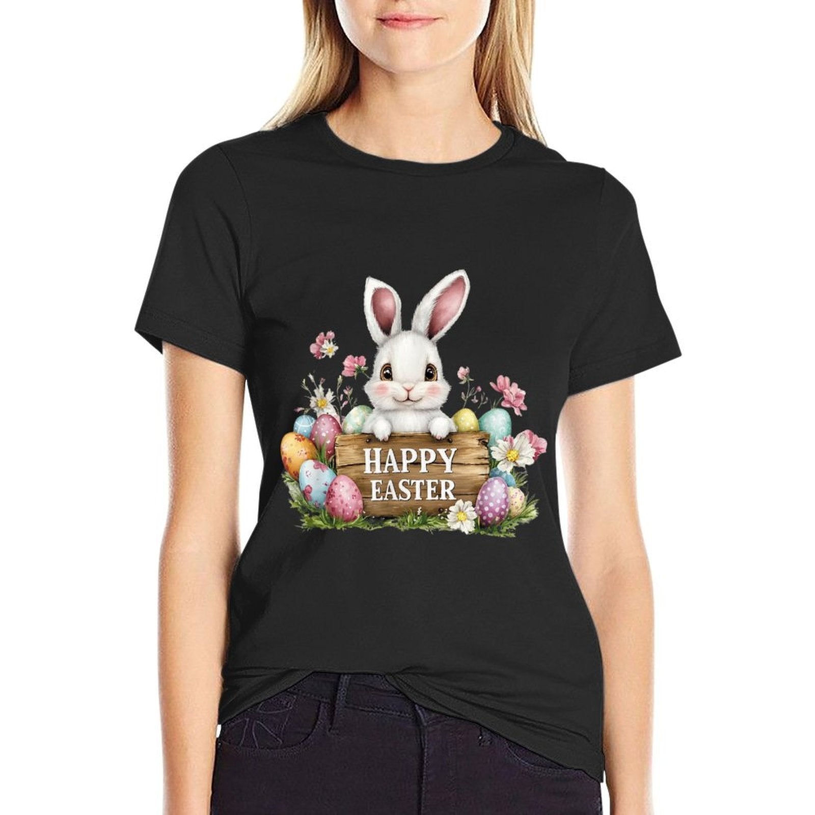 Cute Bunny With Happy Easter Sign  Colorful Easter Eggs  Soft T-Shirt