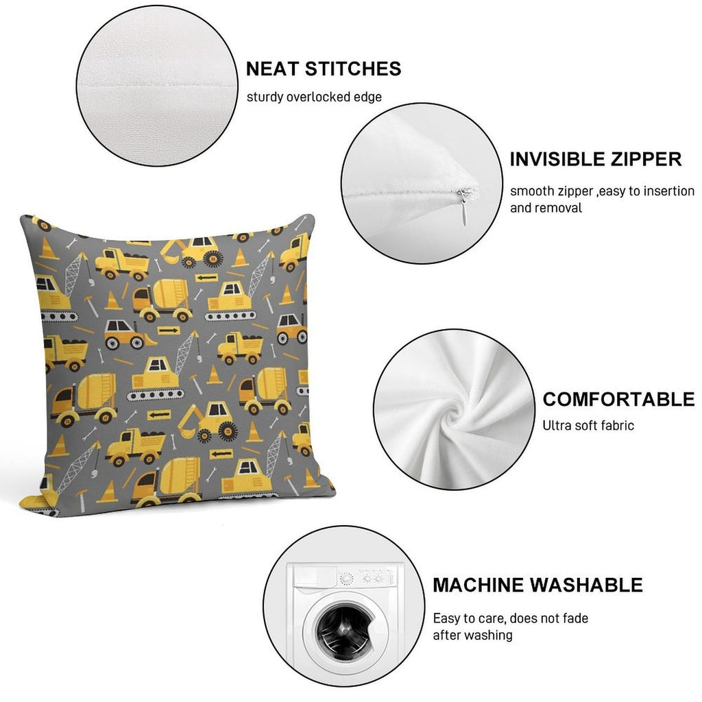 Construction Trucks on Gray Soft Skin-Friendly Throw Pillow