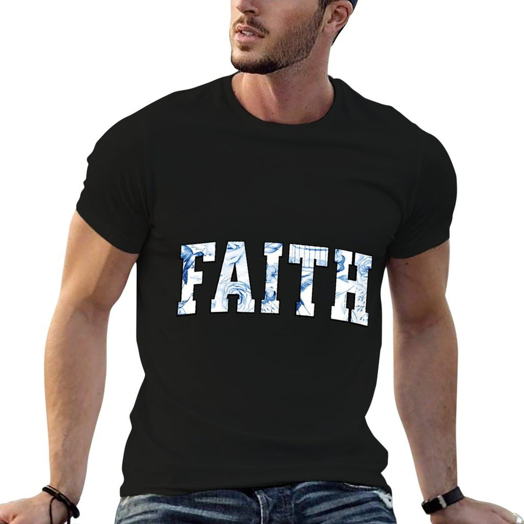Toile De Jouy FAITH Typography with Blue Floral  Bird  Affordable Price T-Shirt