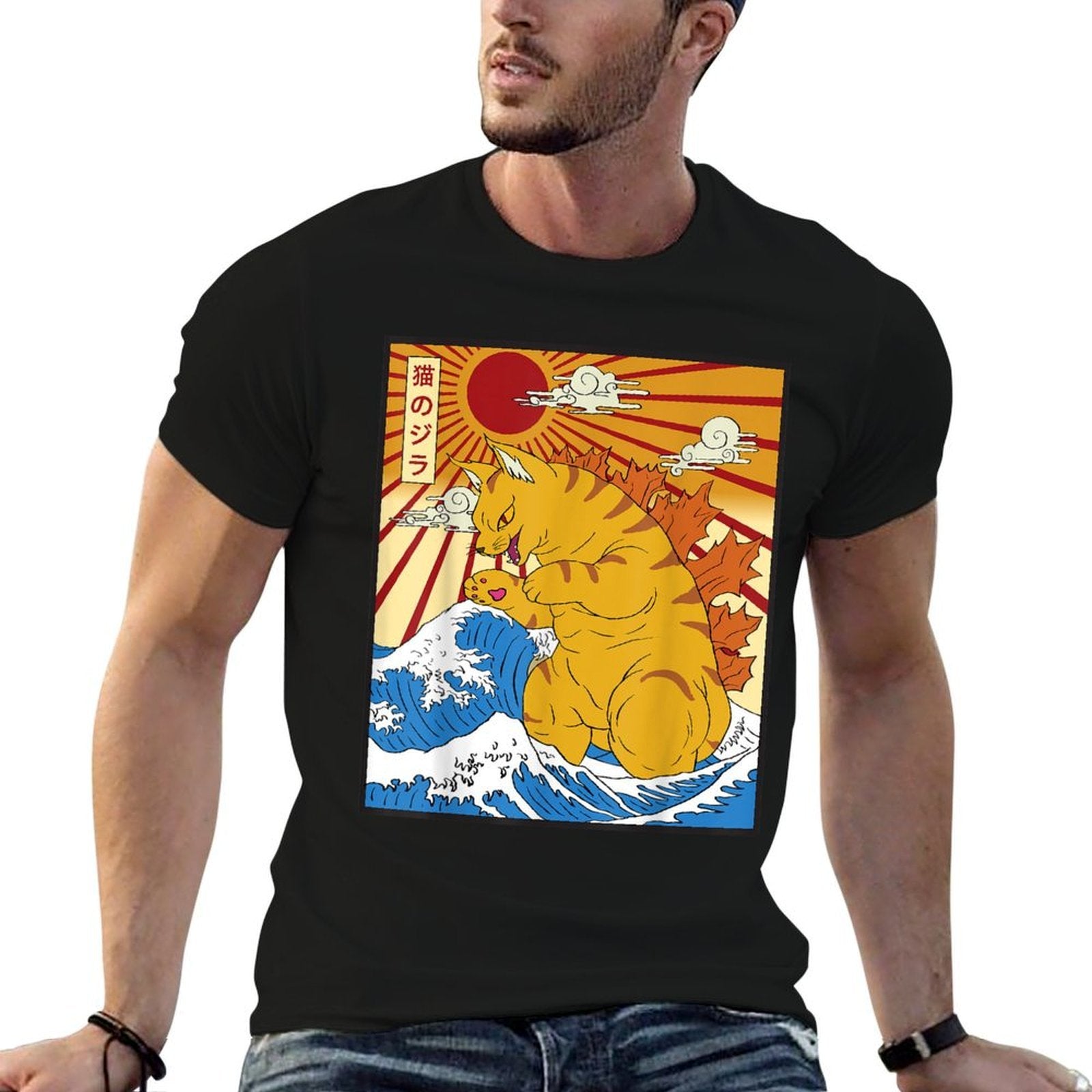 Catzilla Cat Japanese Anime Kawaii Funny Graphics Men  Eco-friendly Material T-Shirt