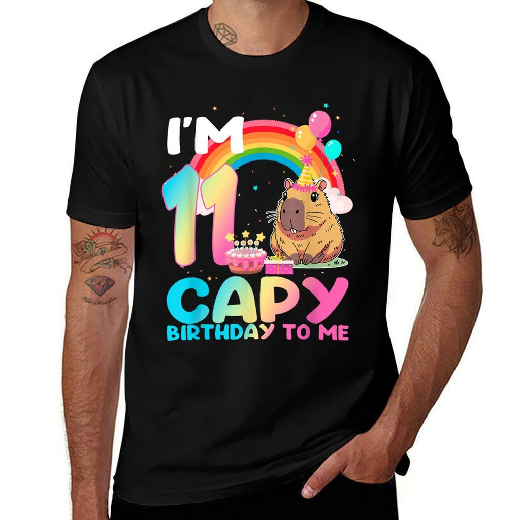 I'm 11 Year Old Capy Happy Birthday To Me 11th Bday Capybara  Rolled Sleeves T-Shirt