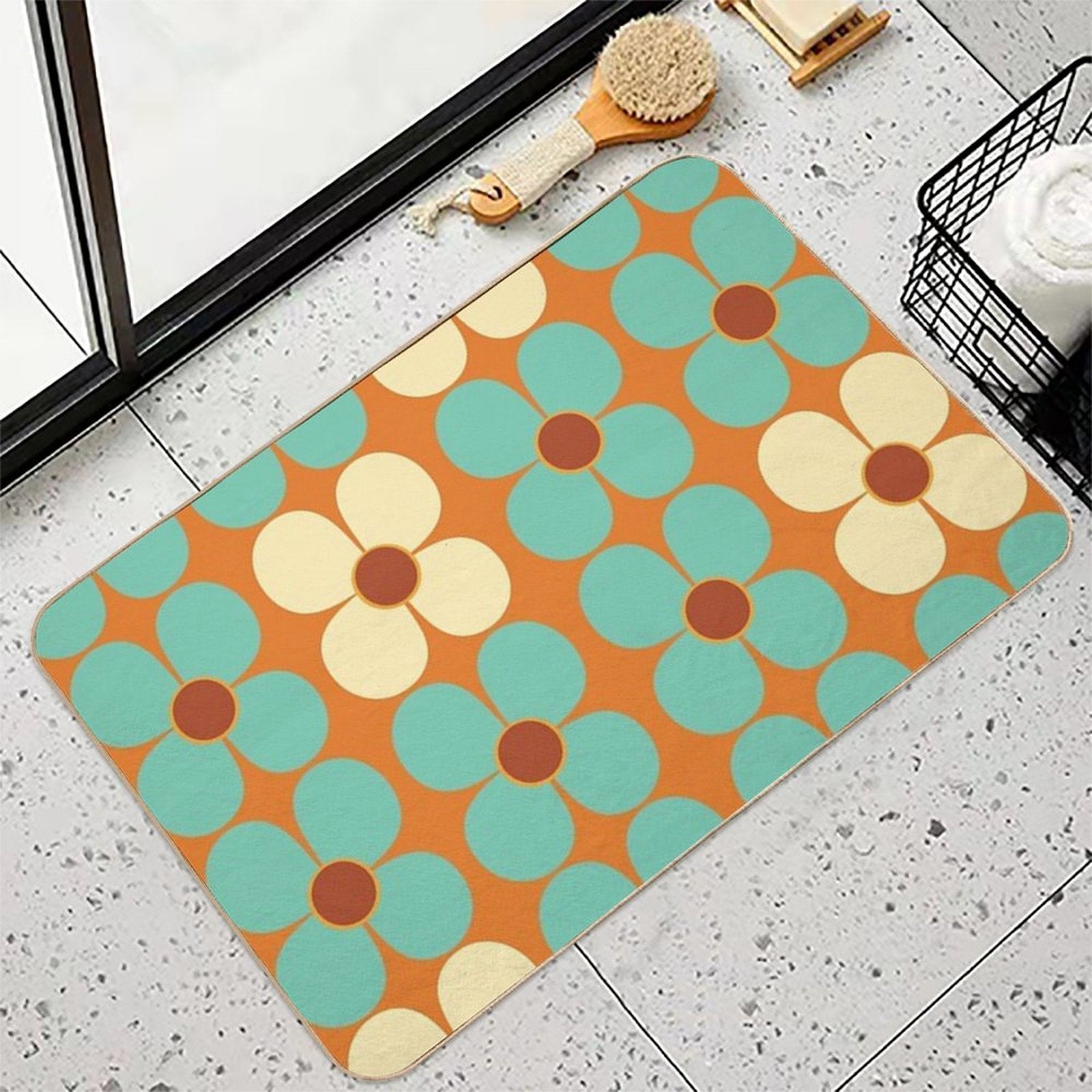 Retro Land Flower Power Blue And Cream  Toxin-Free Bath Mat