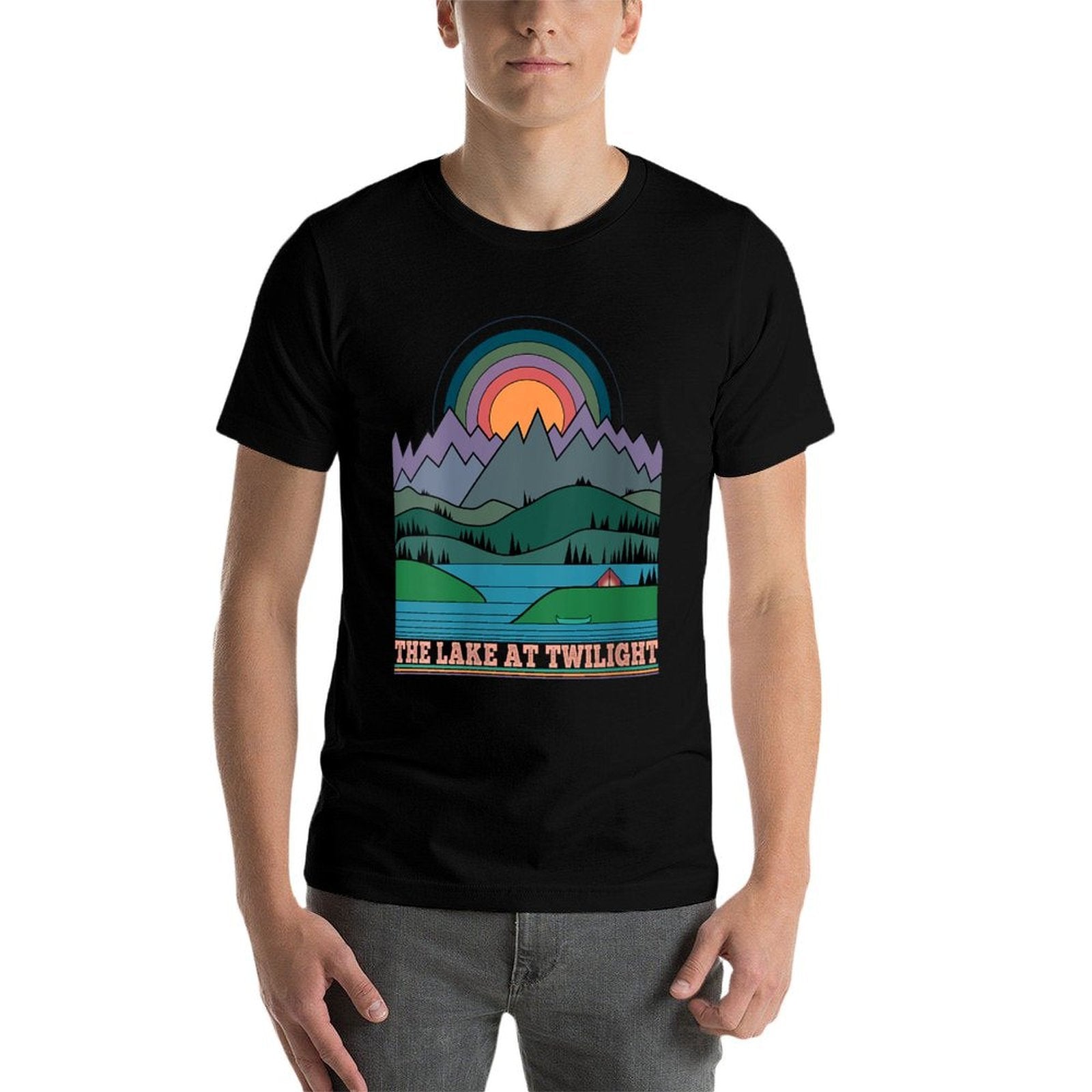 Womens Line Art Minimalist Design The Lake at Twilight  Slim-fit Cut T-Shirt