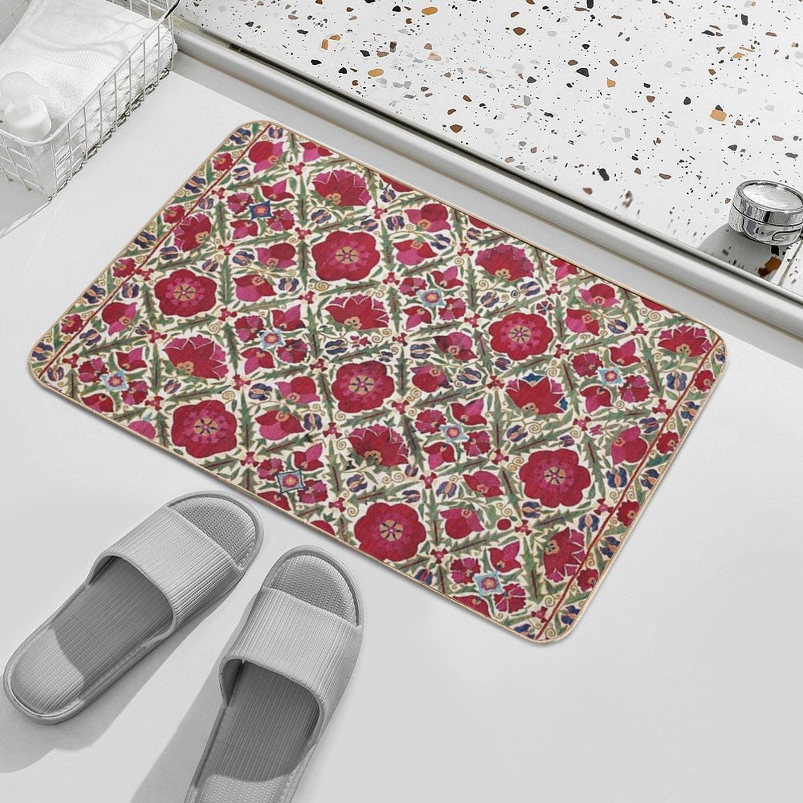 Bokhara Nim Suzani  Antique Uzbek Embroidery Print  Repositionable Bath Mat