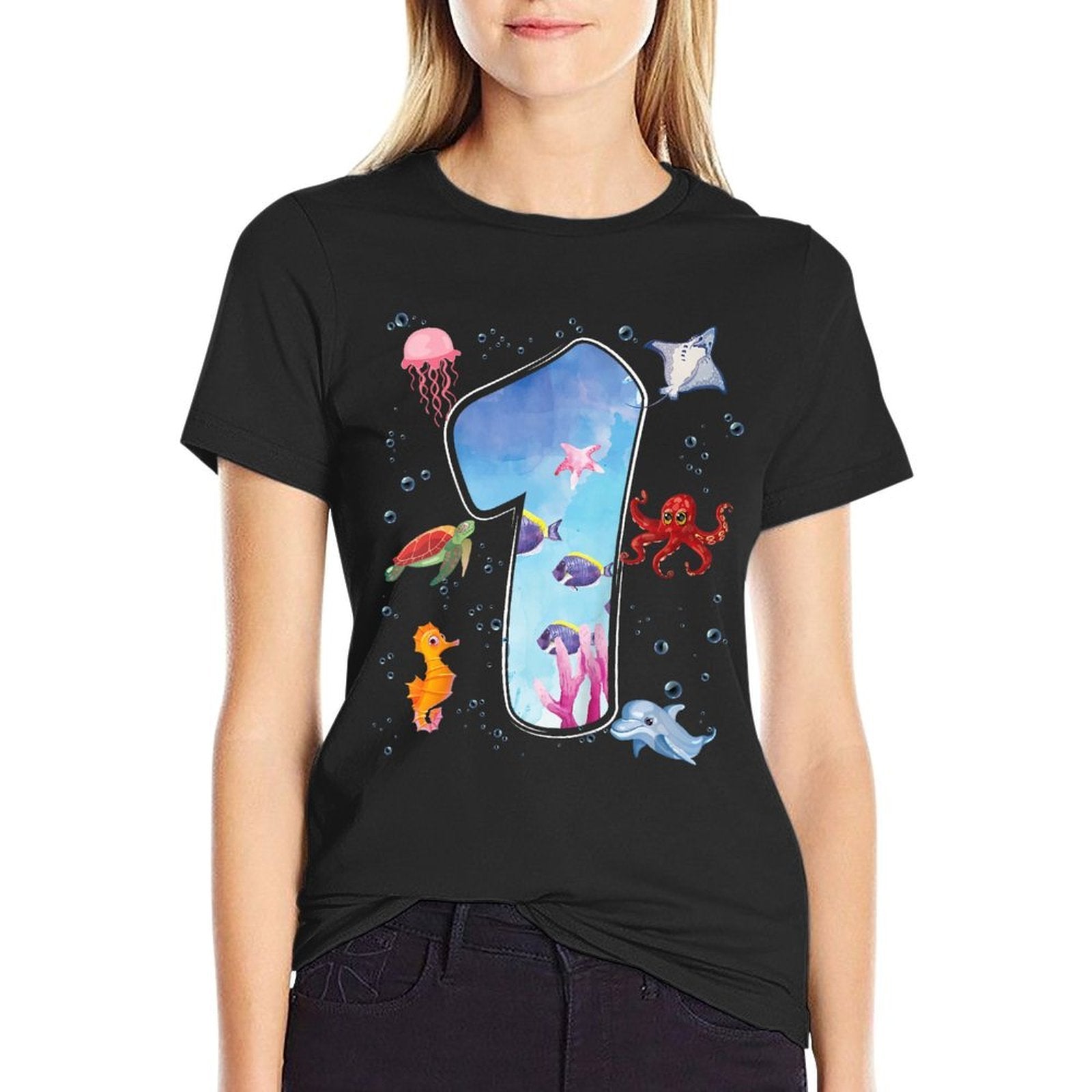 Kids 1st Birthday Party Ocean 1 Year Old Sea Fish Aquarium Boy  Summer-ready Fabric T-Shirt