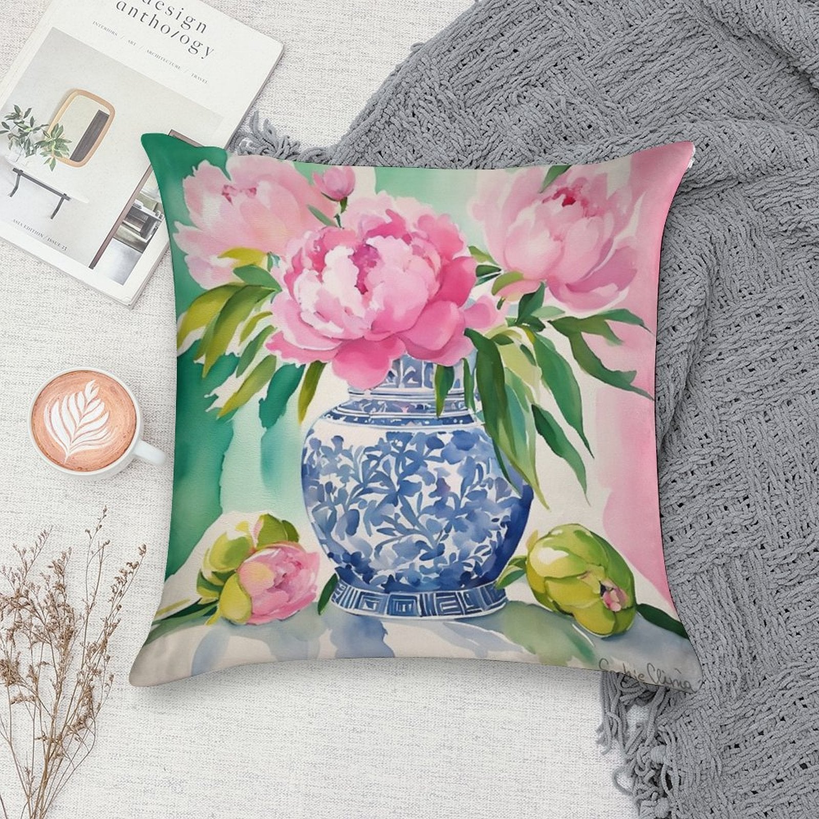 Pink Peonies in Ginger Jar Soft Gift Ready Throw Pillow