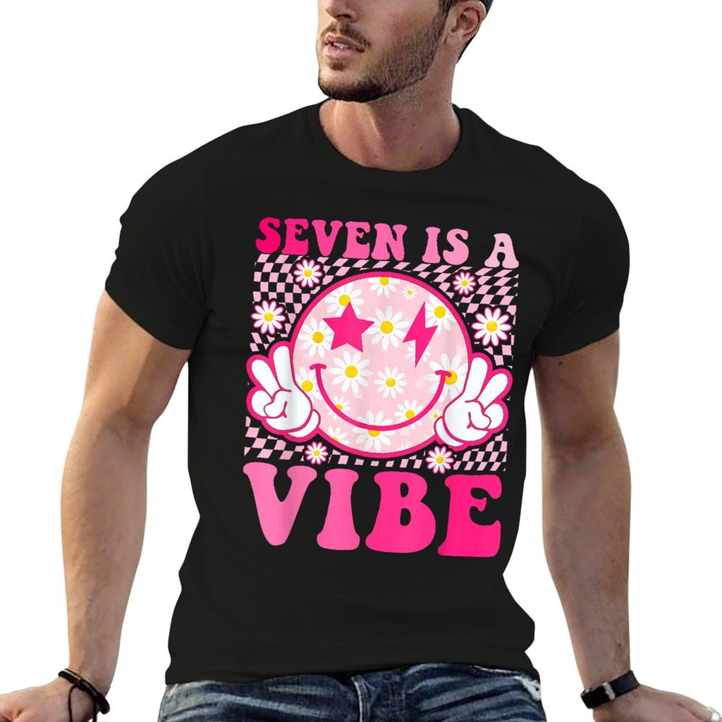 Seven Is A Vibe 7th Birthday Groovy 7 Years Old Smile Face  Summer-ready Fabric T-Shirt