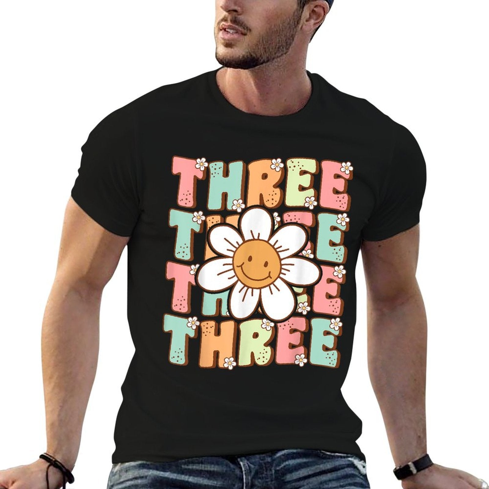 Cute Groovy 3rd Birthday Party Daisy Flower Three Year Old  Lightweight T-Shirt