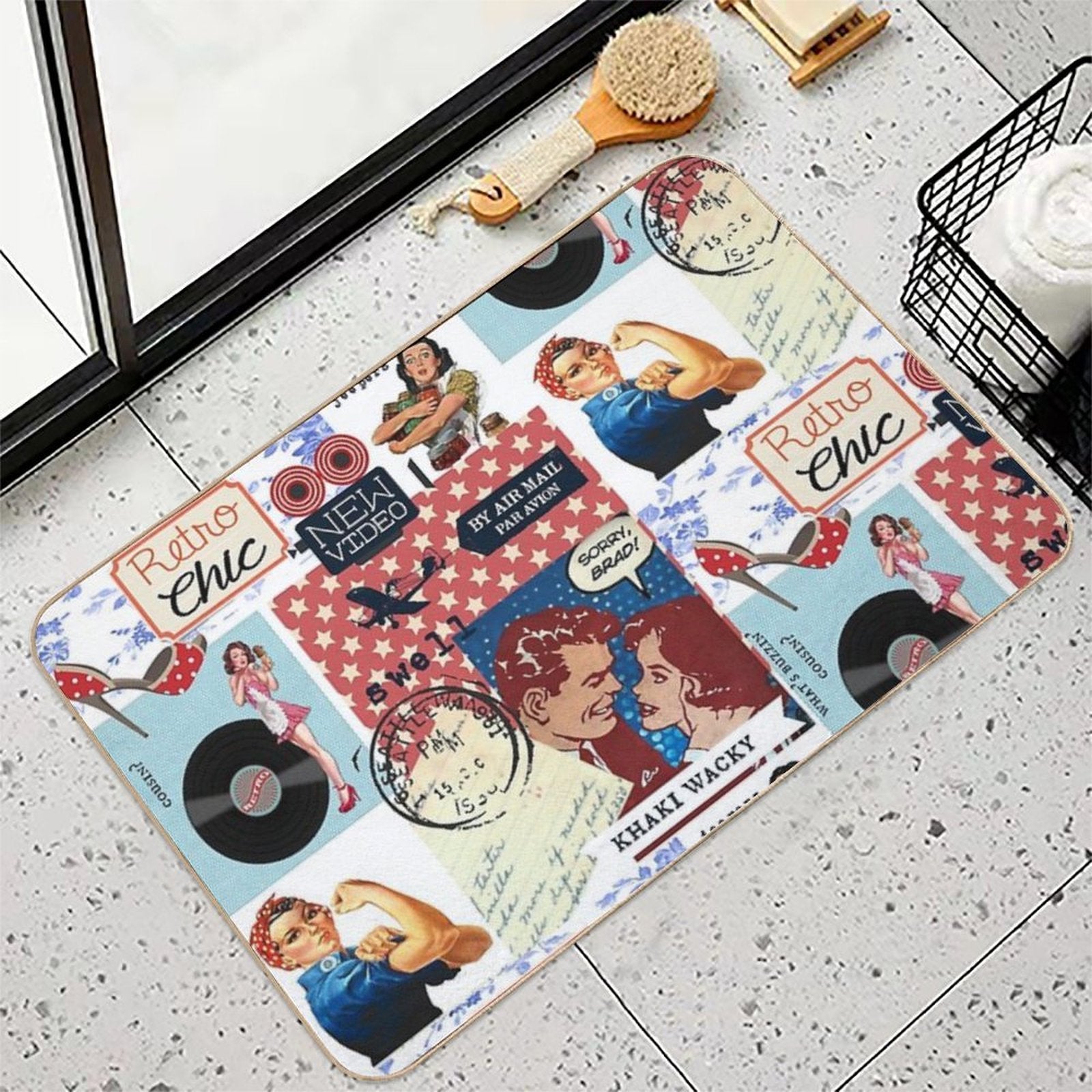 Retro Chic Red, White And Blue Collage Durable Bath Mat