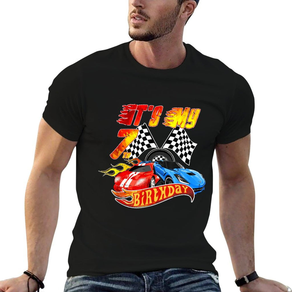 It's My 7th Birthday Kid 7 Year Old Race Car Birthday Racing  Ribbed Collar T-Shirt