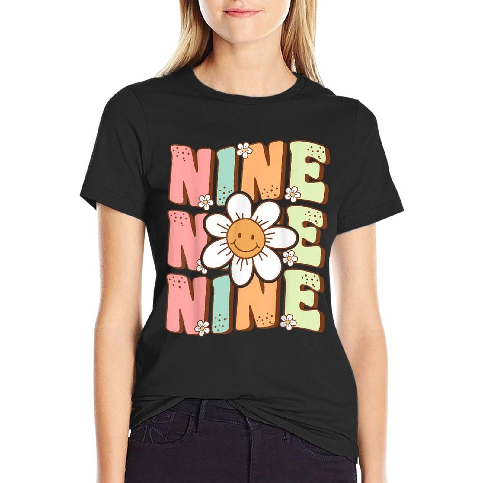 Cute Groovy 9th Birthday Party Daisy Flower Nine Year Old  Graphic-printed T-Shirt