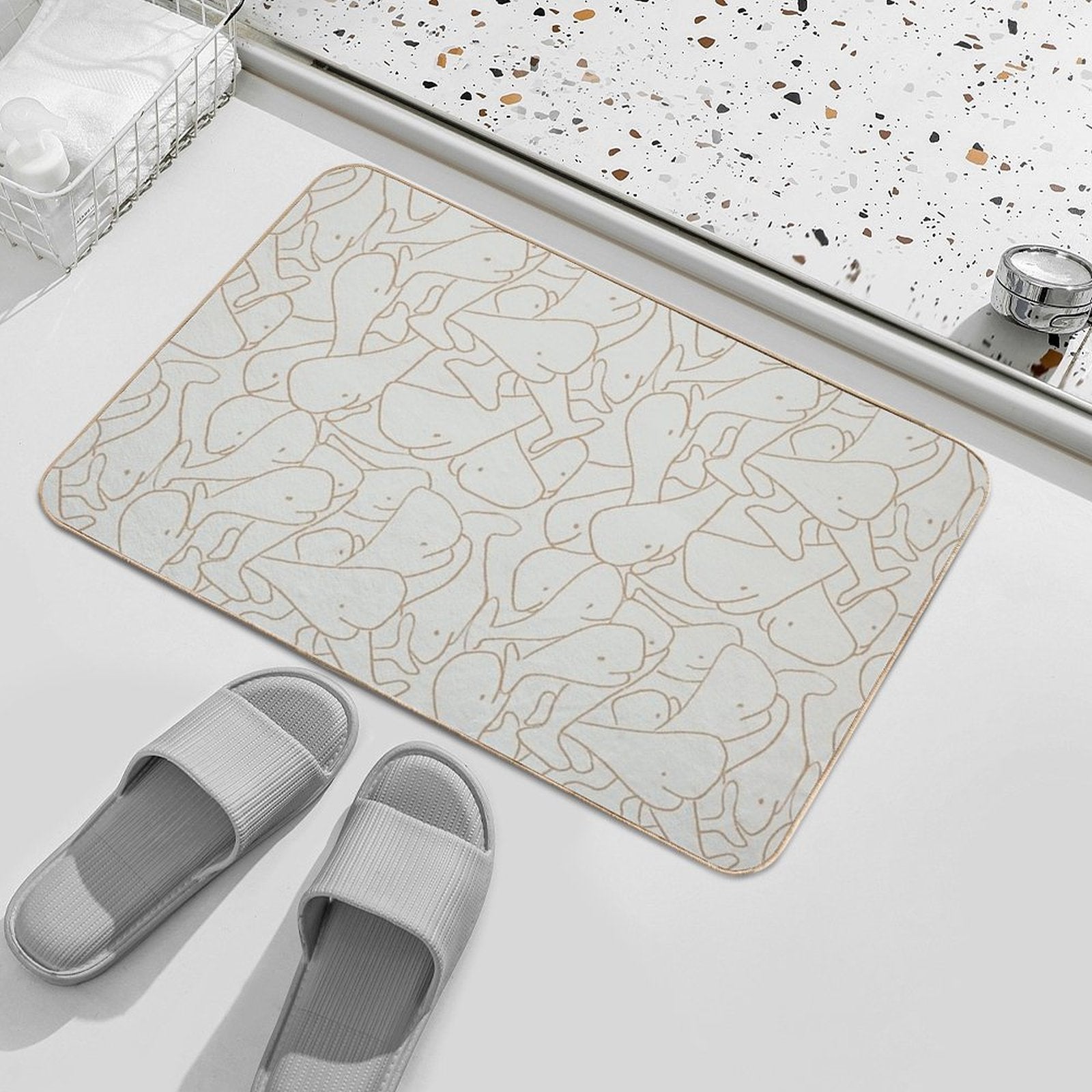 Seamless Line Drawing Whale Pattern Mint Green And Beige  Absorbent Bath Mat