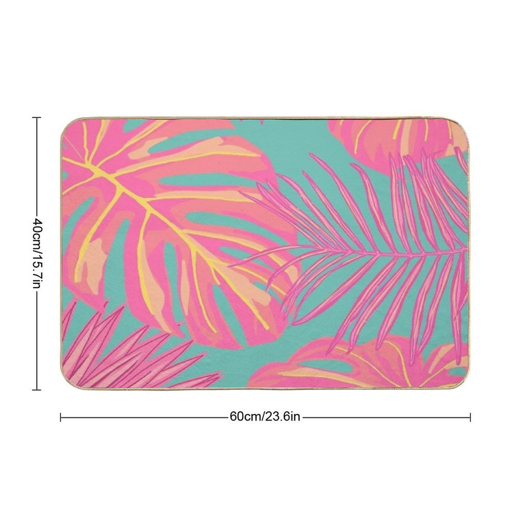 Tropical Leaves in Pink And Turquoise  Easy To Clean Bath Mat