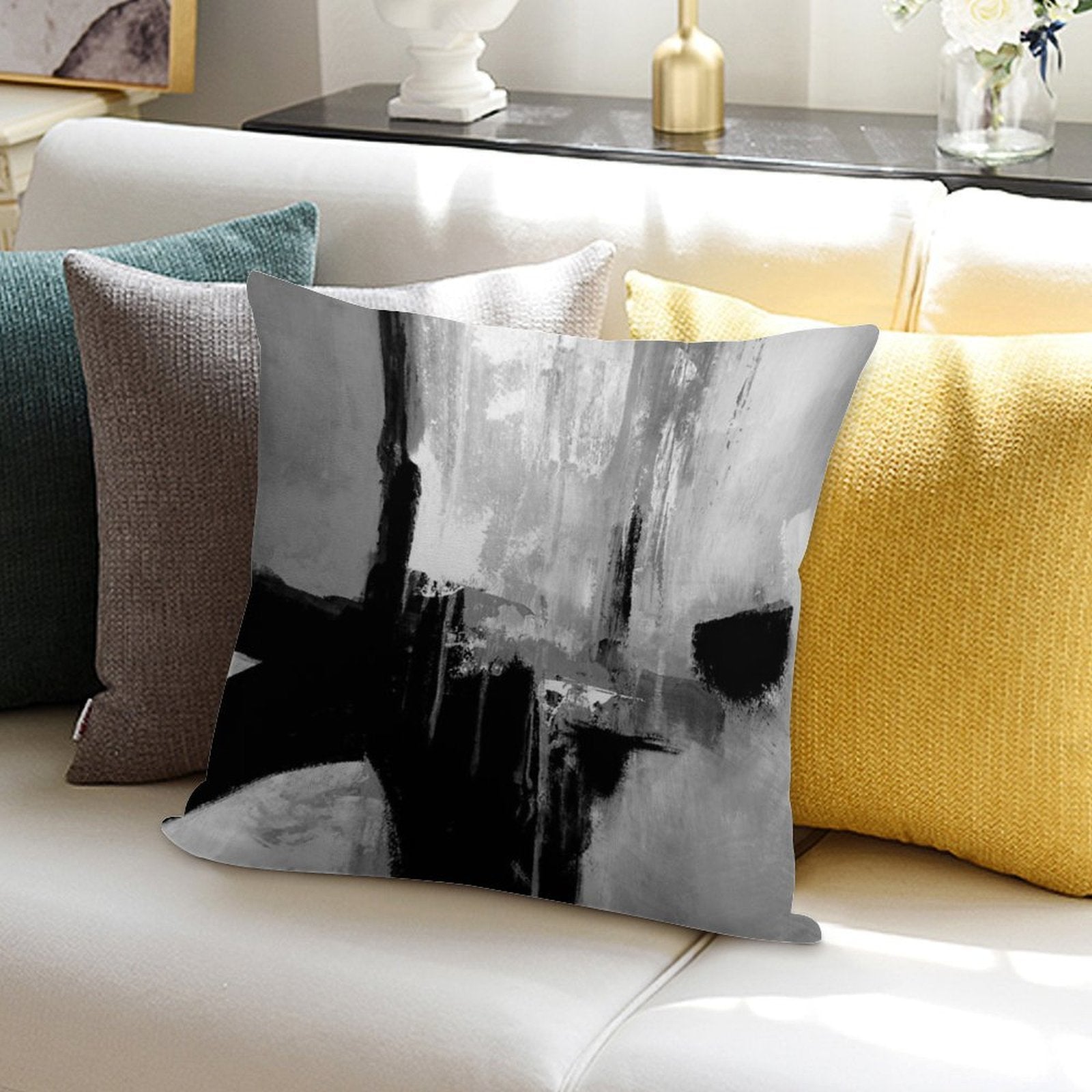 Black White Horizontal Abstract Soft Durable Construction Throw Pillow