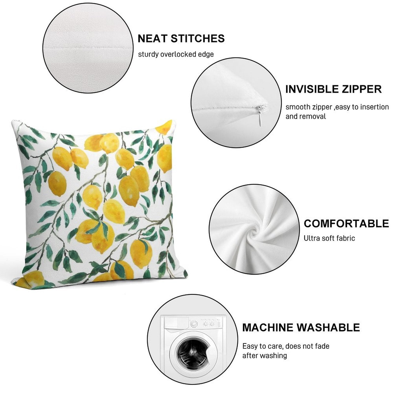 Hand Painted Watercolor Yellow Lemon Pattern Soft Decorative Cover Throw Pillow