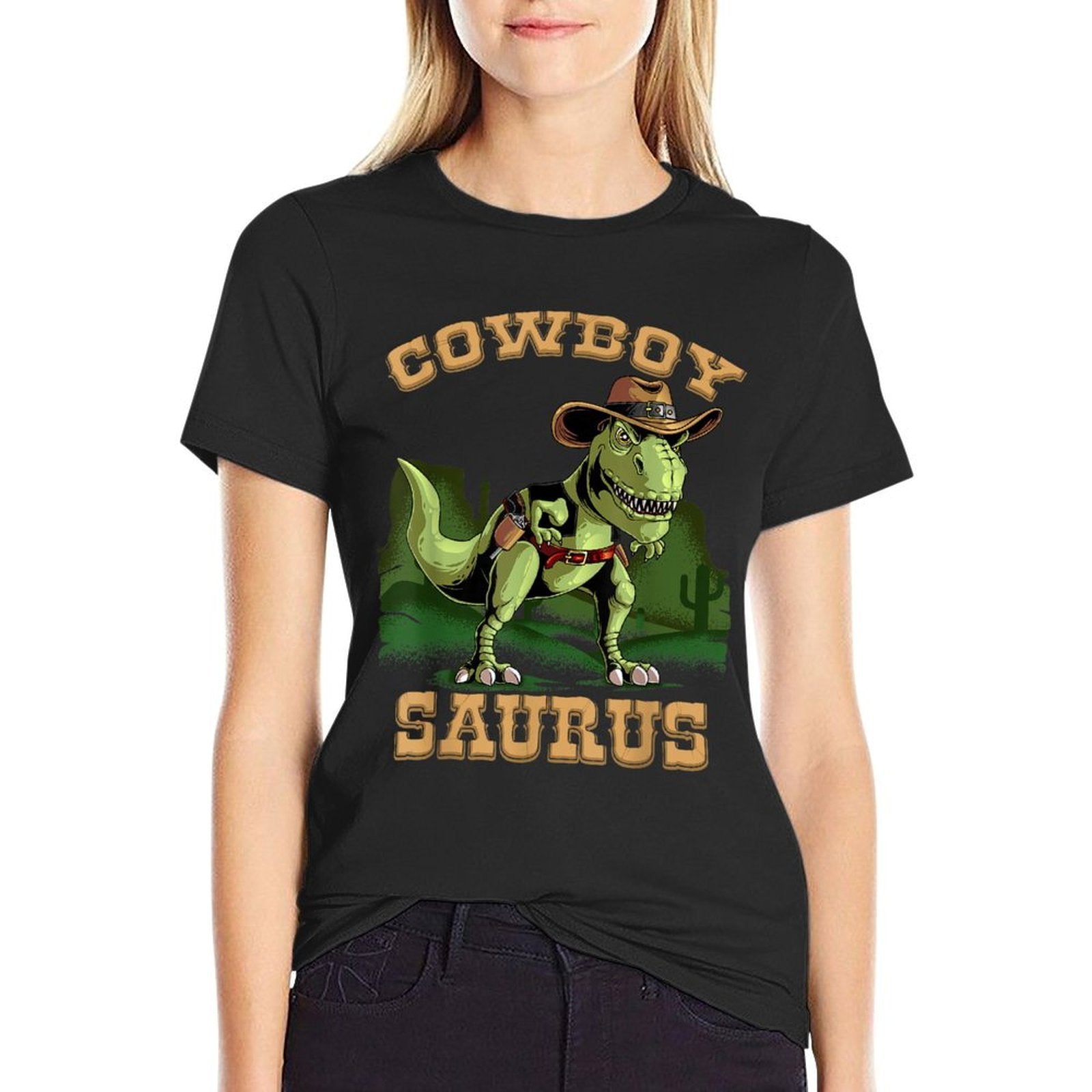 Cool Cowboy Saurus  Funny Western Rodeo Dinosaur Lover Gift  Ribbed Collar T-Shirt