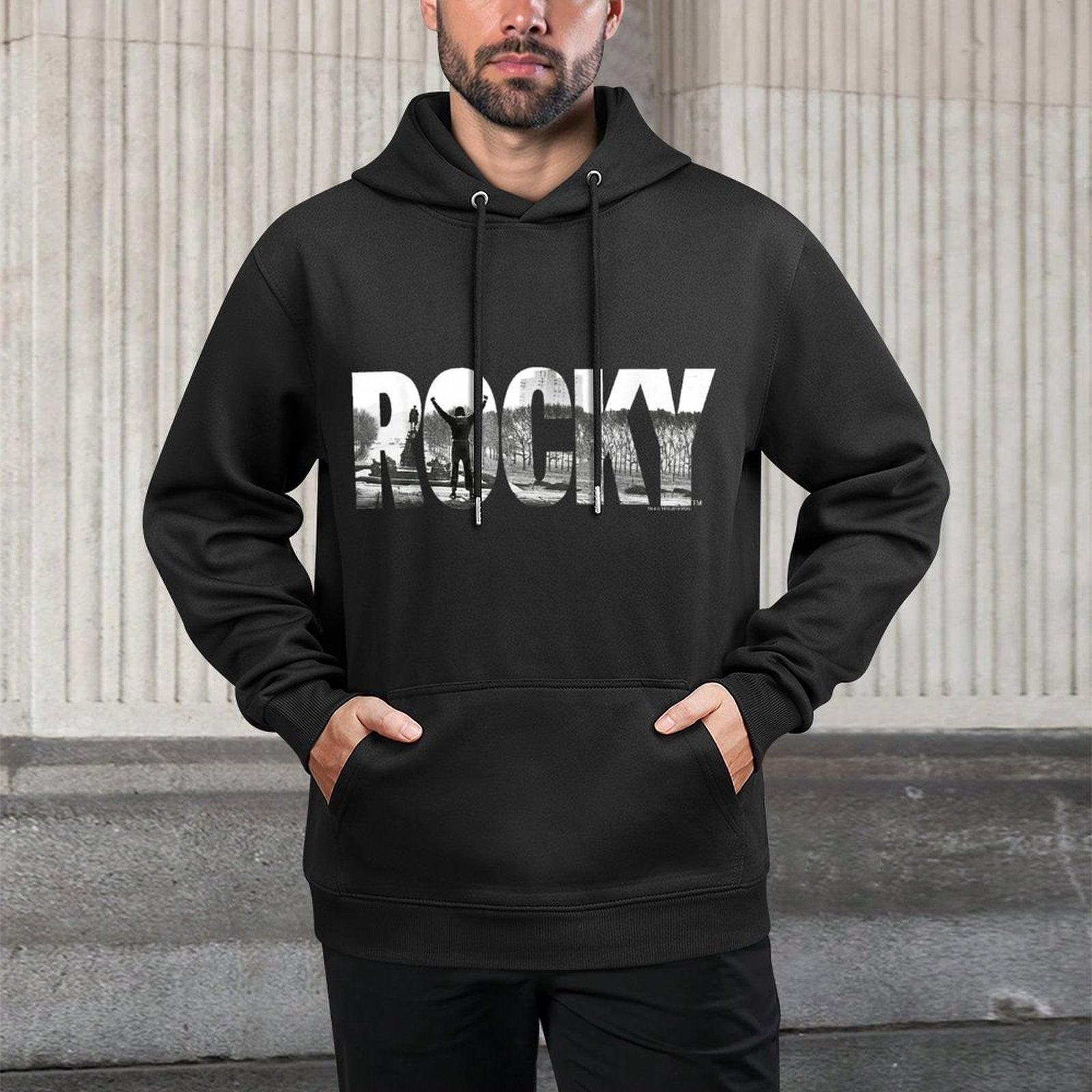 Rocky Black Classic Fit, Cotton Crew Neck, Adult Graphic Machine Washable Hoodie