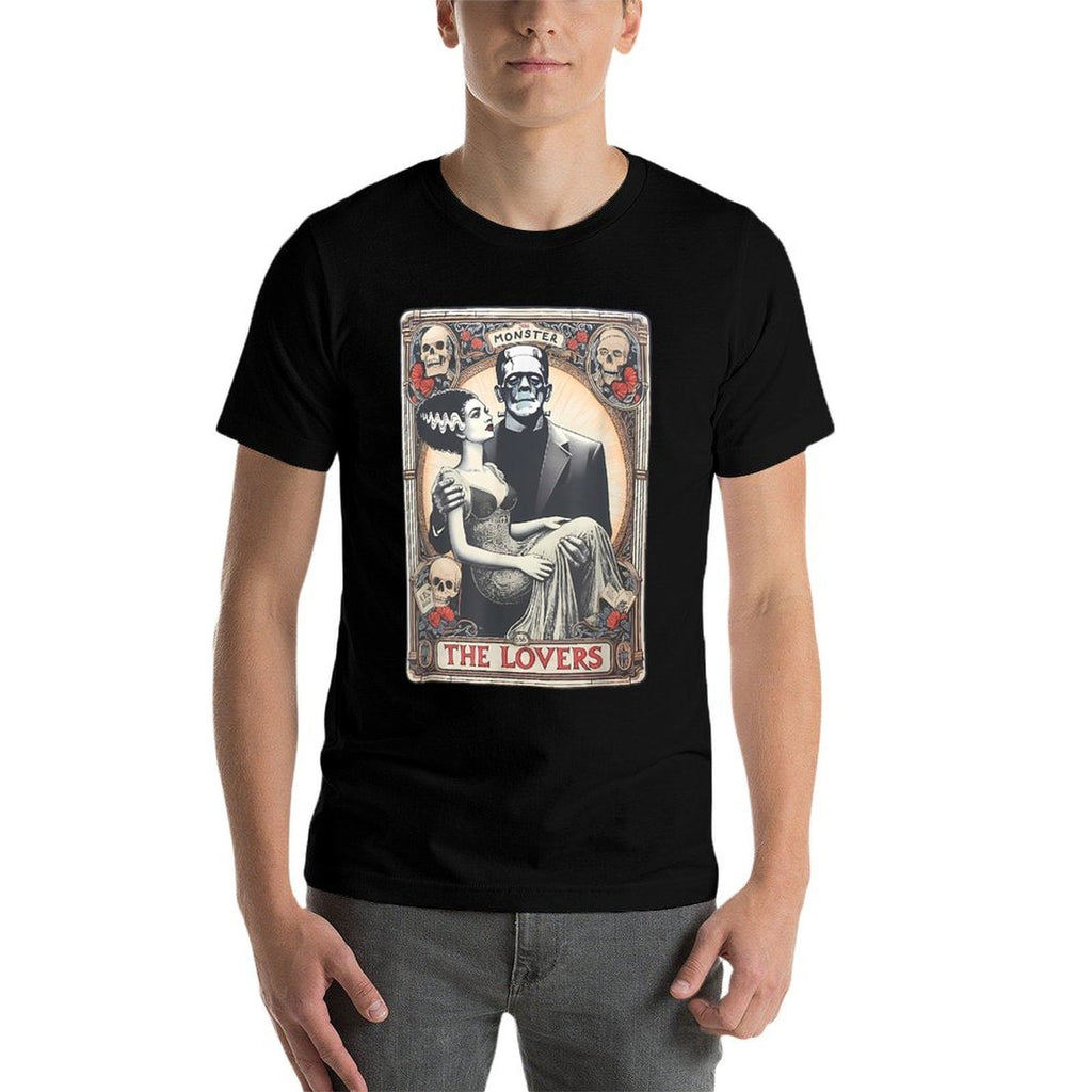 Retro Halloween Frankenstein Tarot Card - Unisex Adults - Black - Small - - Regular Fit - Cotton 100, Polyester Blend - Hallowe  Affordable Price T-Shirt