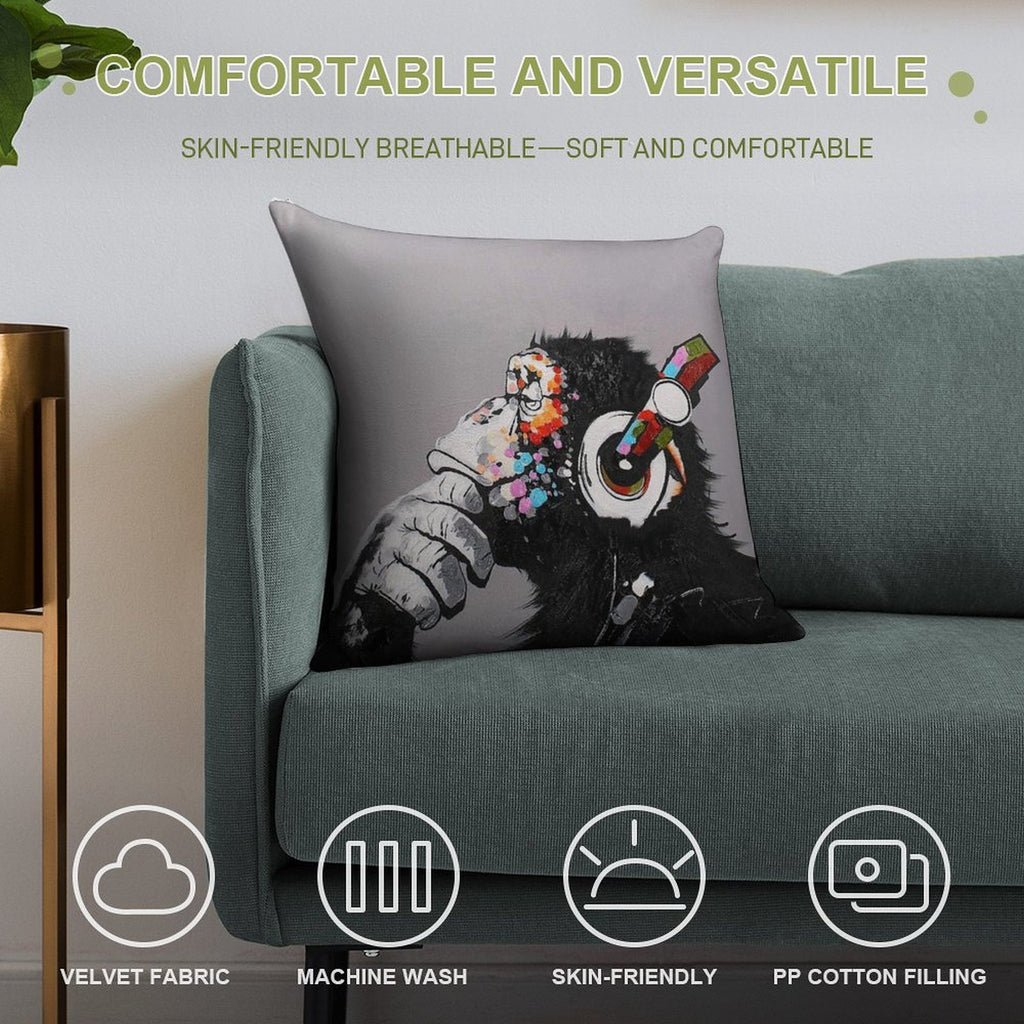 DJ Monkey With Headphones Thinking - Thinker Chimp Soft Ultra-Soft Texture Throw Pillow