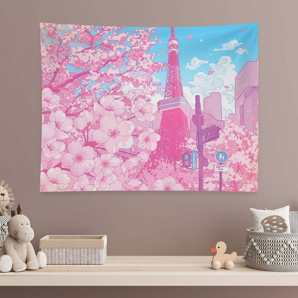 Tokyo Tower & Cherry Blossom (Corrected Colors) Tapestry