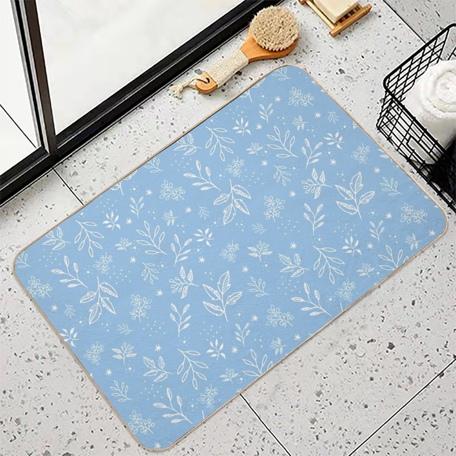 Pastel Blue Florals Hand Drawn Pattern  High-Traffic Bath Mat