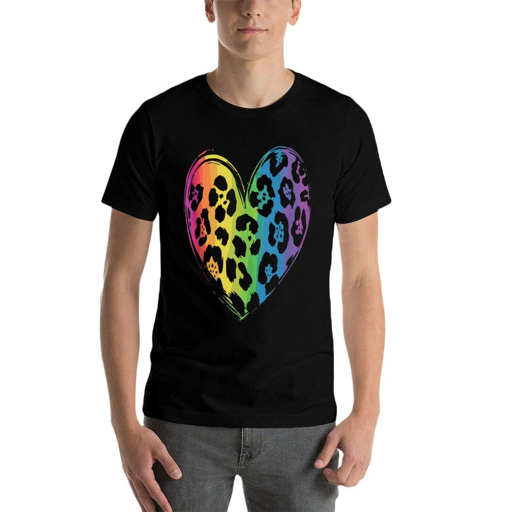 Cool Cheetah Leopard Print Heart Rainbow  Graphic-printed T-Shirt