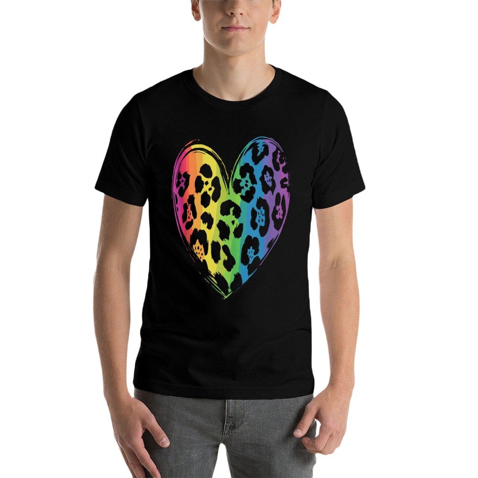 Cool Cheetah Leopard Print Heart Rainbow  Graphic-printed T-Shirt