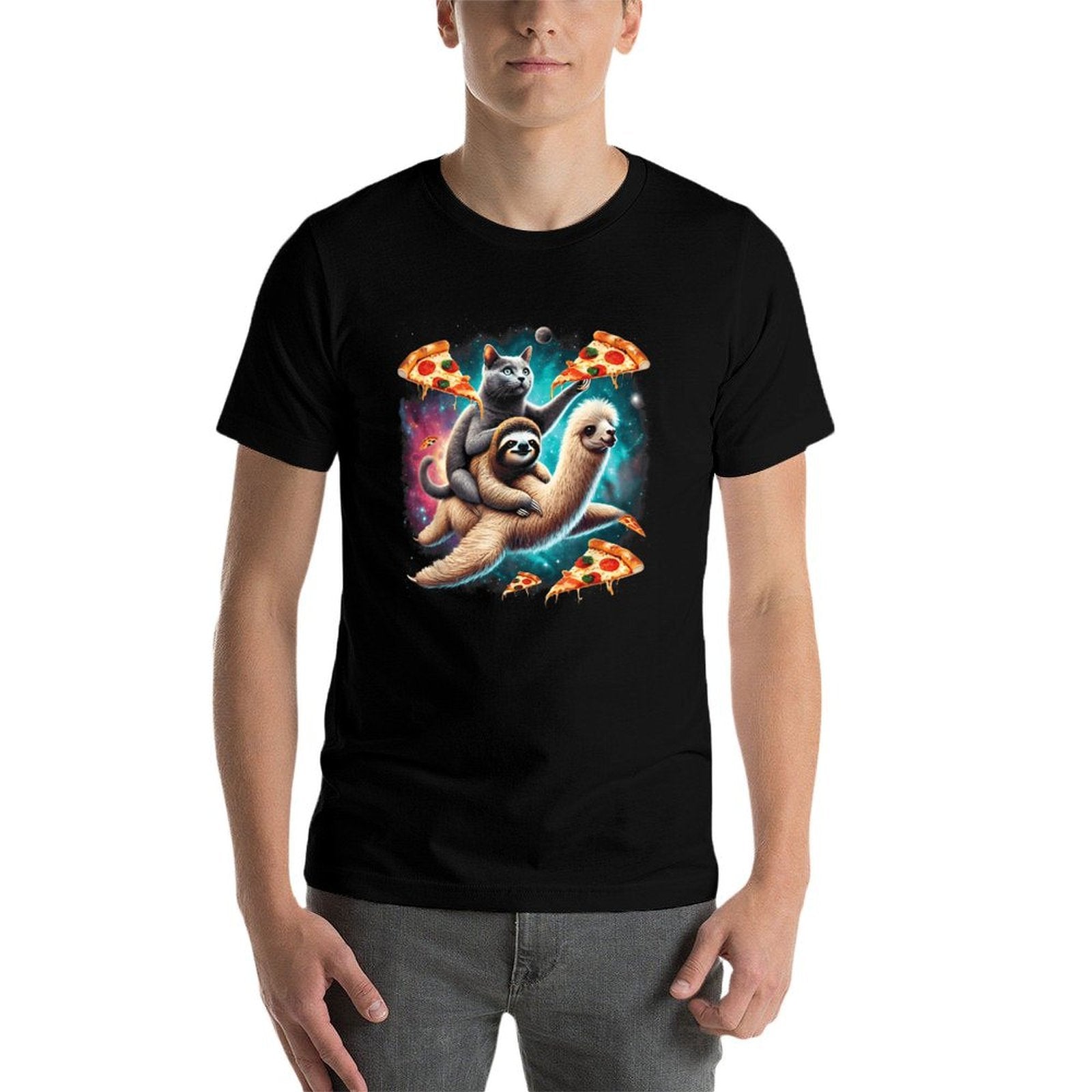 Space Cat Riding Sloth Llama Pizza Floating In Space  Wrinkle-resistant T-Shirt