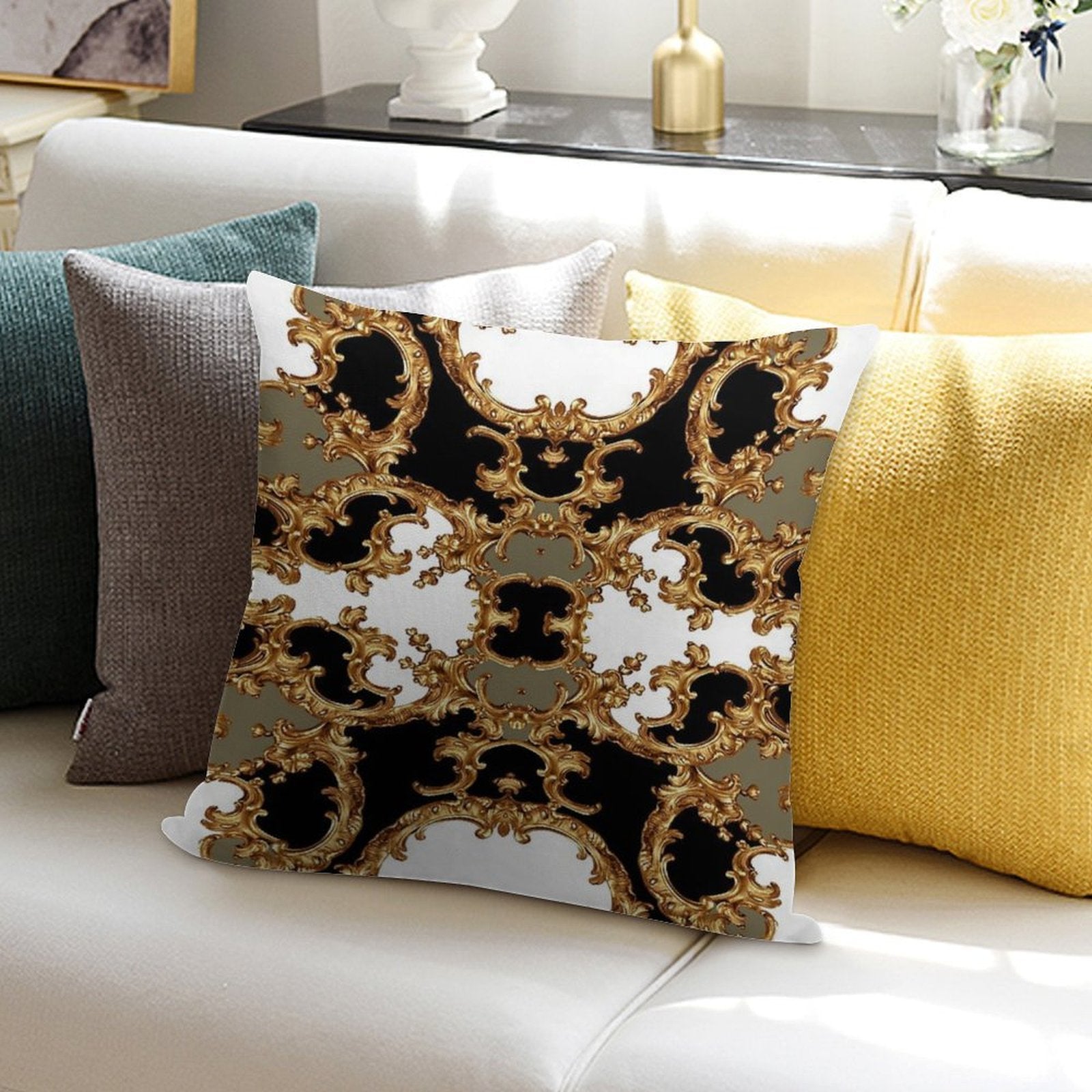 Golden Ornamental Baroque Symmetrical Soft Multiple Sizes Throw Pillow
