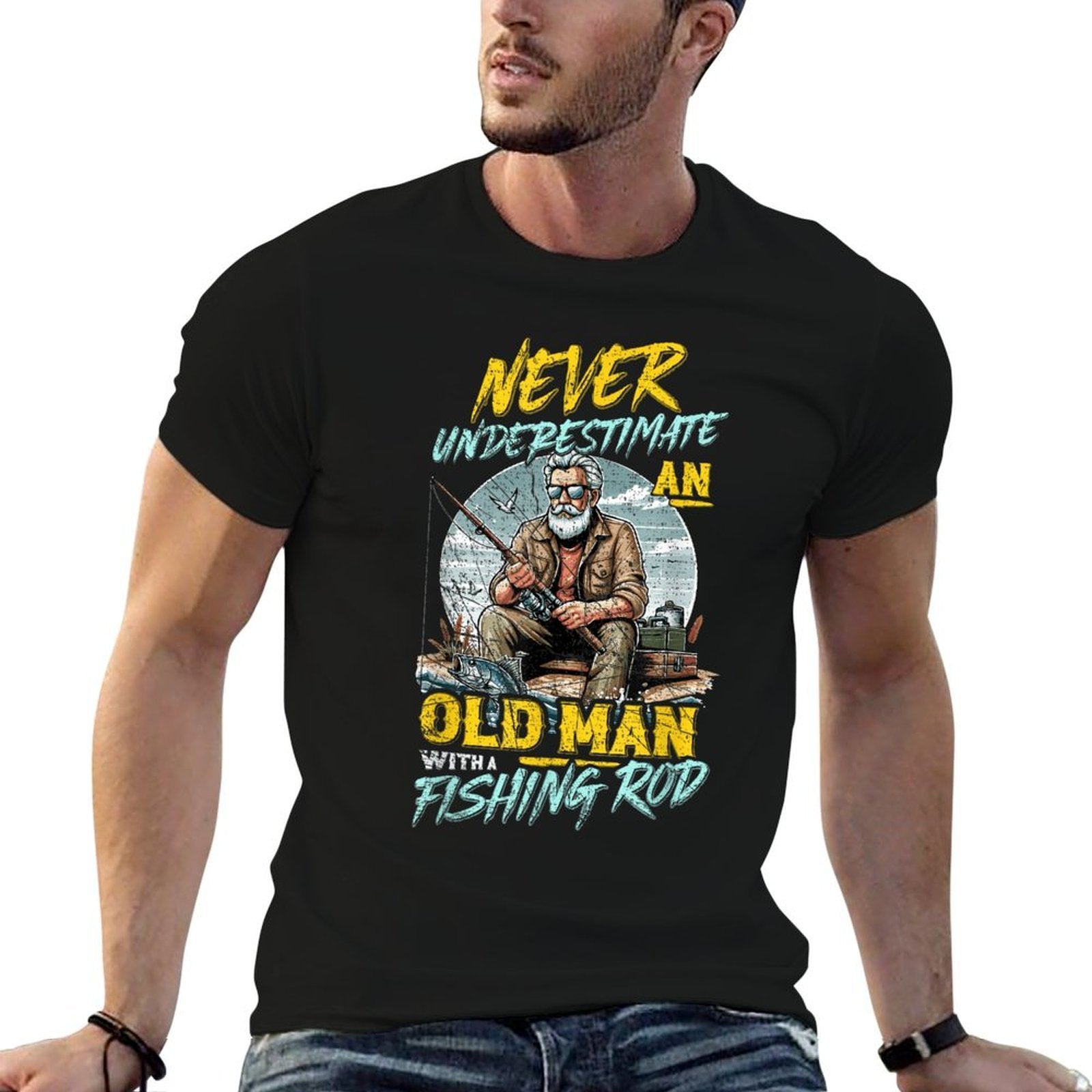 Never Underestimate An Old Man With Fishing Rod, Fish Lover  Moisture-wicking T-Shirt