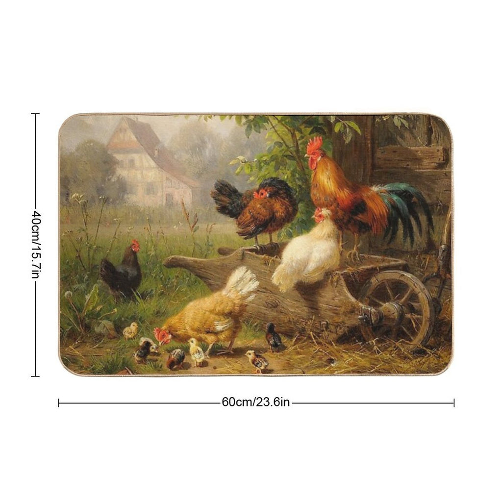 A Watchful Eye ,Rooster,Hens And Chickens With Wheelbarrow in Countryside  Pet-Safe Bath Mat